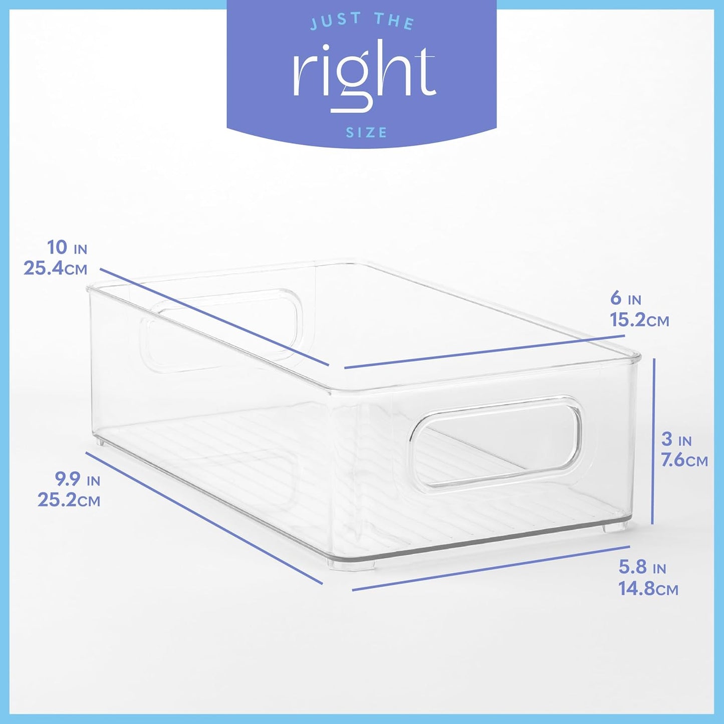 primebox Plastic Food Storage Clear Container Bin with Handles for Organizing Kitchen, Pantry, Refrigerator, Freezer, Pantry, Cabinet, Closet, Bathroom. Stackable 10”x6”x3”