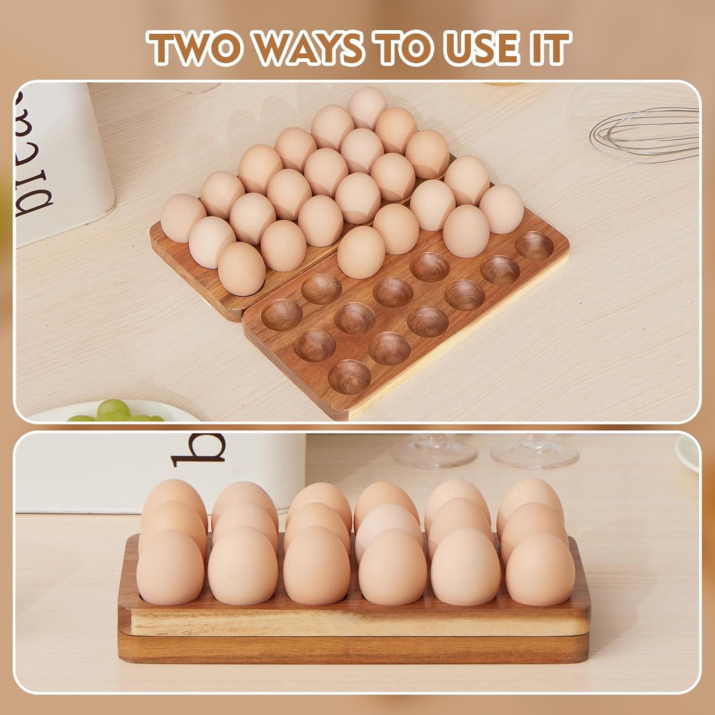 Egg Basket for Chicken Owners Egg Holder Countertop for Parents with Kids Suitable for Kitchen Counter Foldable Acacia Wood Egg Storage Stacks 36 Eggs, Egg Tray Save Counter Space for Fresh Eggs
