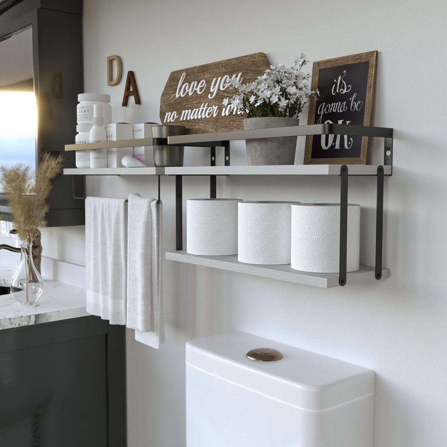 RICHER HOUSE 2+1 Tier Wall Mounted Floating Shelves Set of 2, Rustic Wood Wall Shelf with Metal Frame, Extra Storage Rack for Bathroom, Kitchen, Bedroom with Tissue Rack & Towel Bar - White