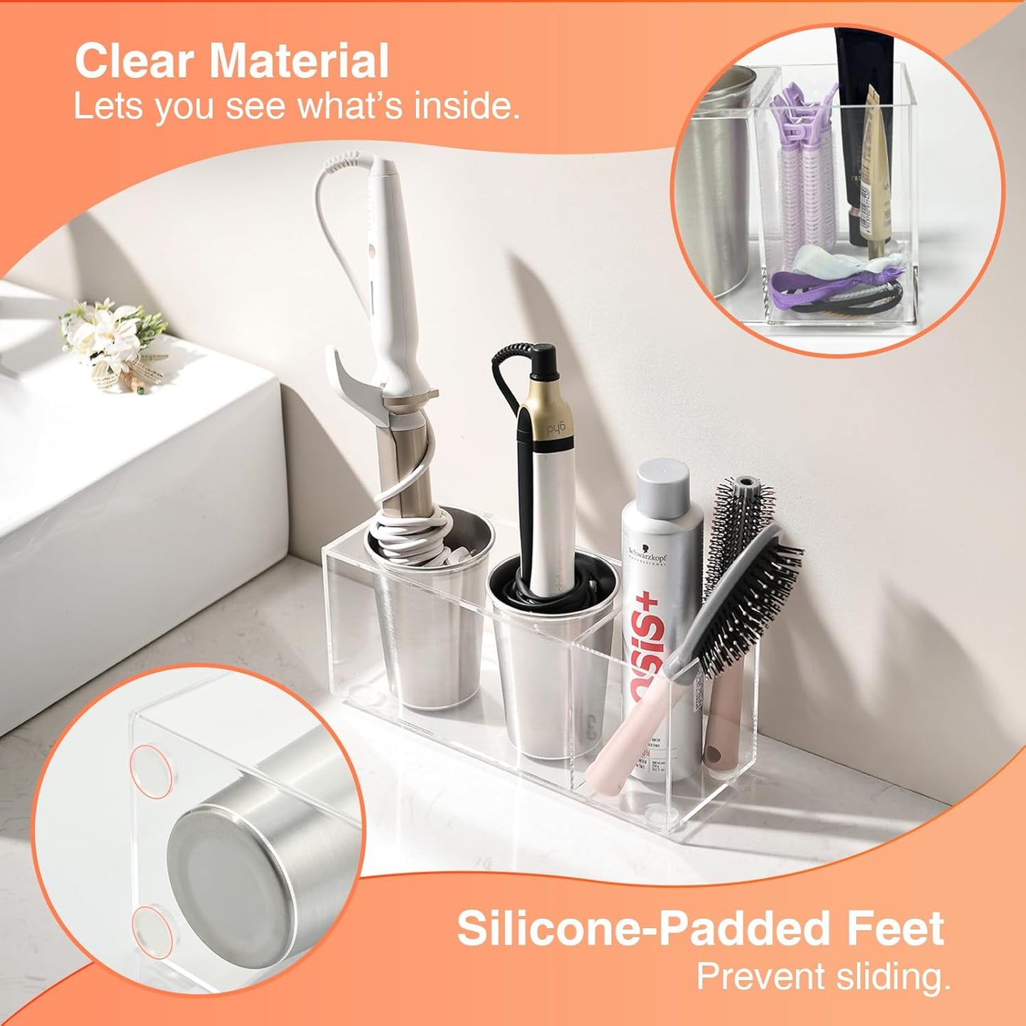 Acrylic Hair Tool Organizer, Curling Iron Holder Countertop, Hair Dryer Organizer Under Sink Wall Mount, Hot Tools Holder for Vanity Bathroom, Clear