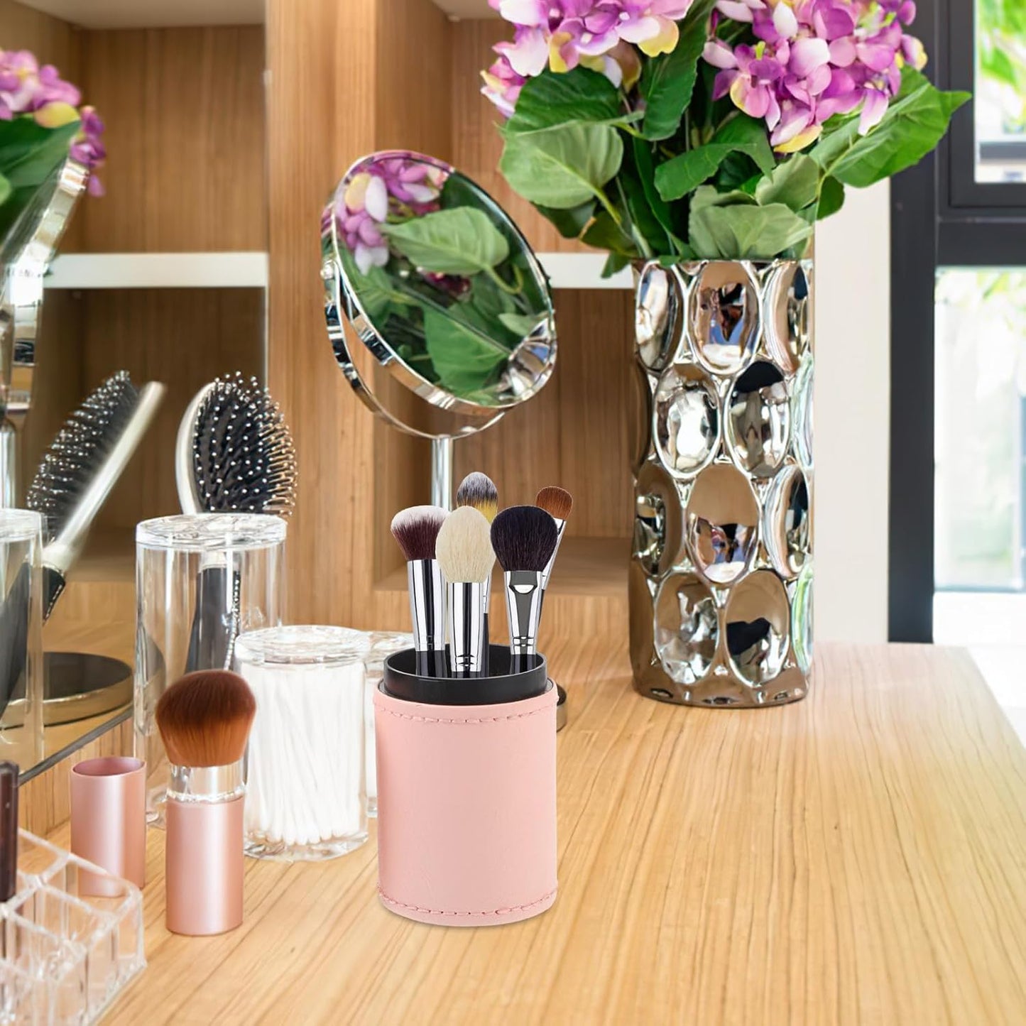 NOLITOY Makeup Brush Holder Capacity Makeup Organizer Pen Holder for Desk Multifunctional Storage Cup for Dressing Table and Bathroom Sturdy Pink Cosmetic Brush Cup to Declutter and