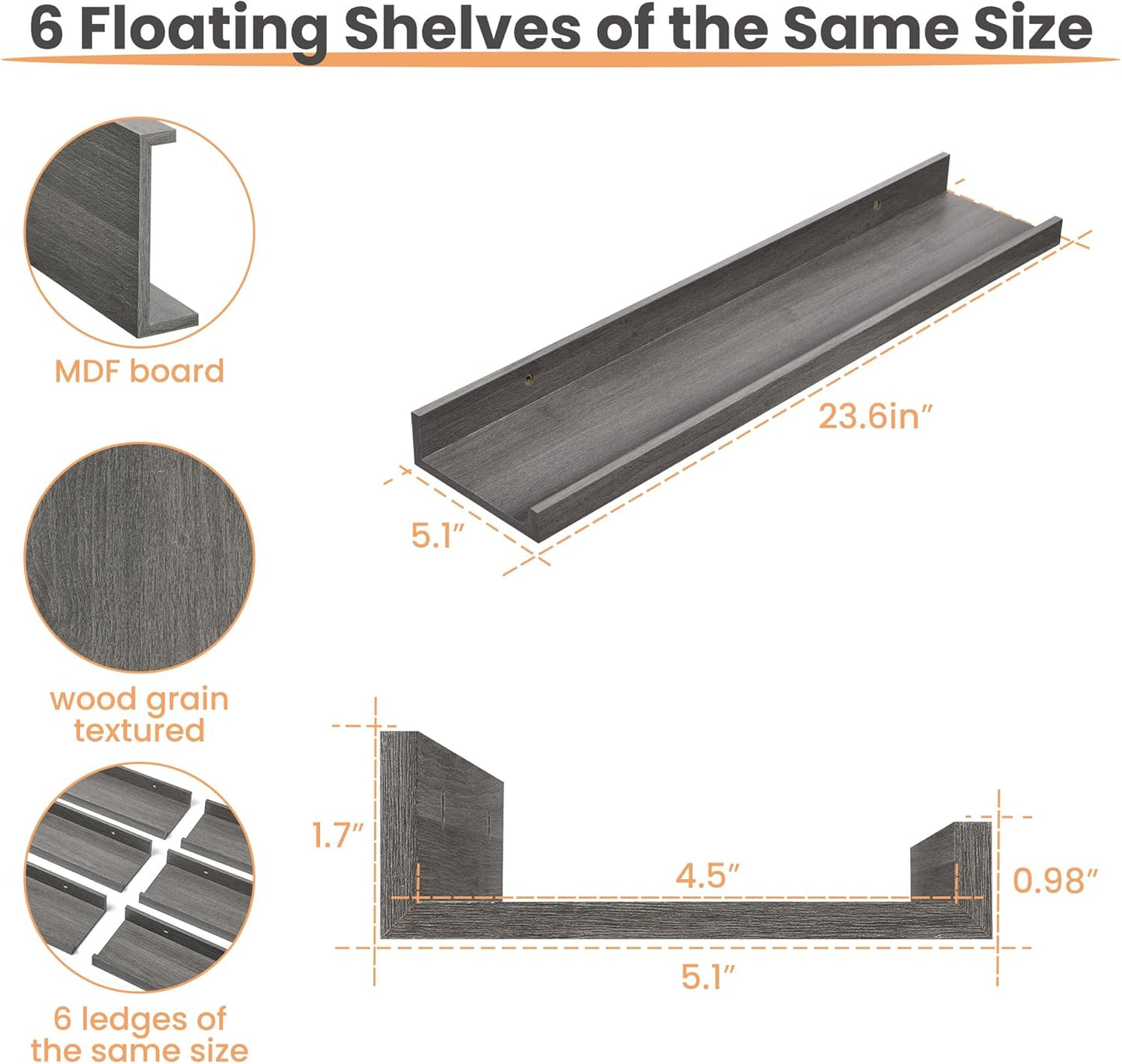 upsimples Floating Shelves for Wall, 23.6 Inch Shelves for Decor Storage Set of 6, Wall Mounted Wood Shelf for Bedroom, Living Room, Bathroom, Kitchen, Long Picture Ledge Shelves, Grey