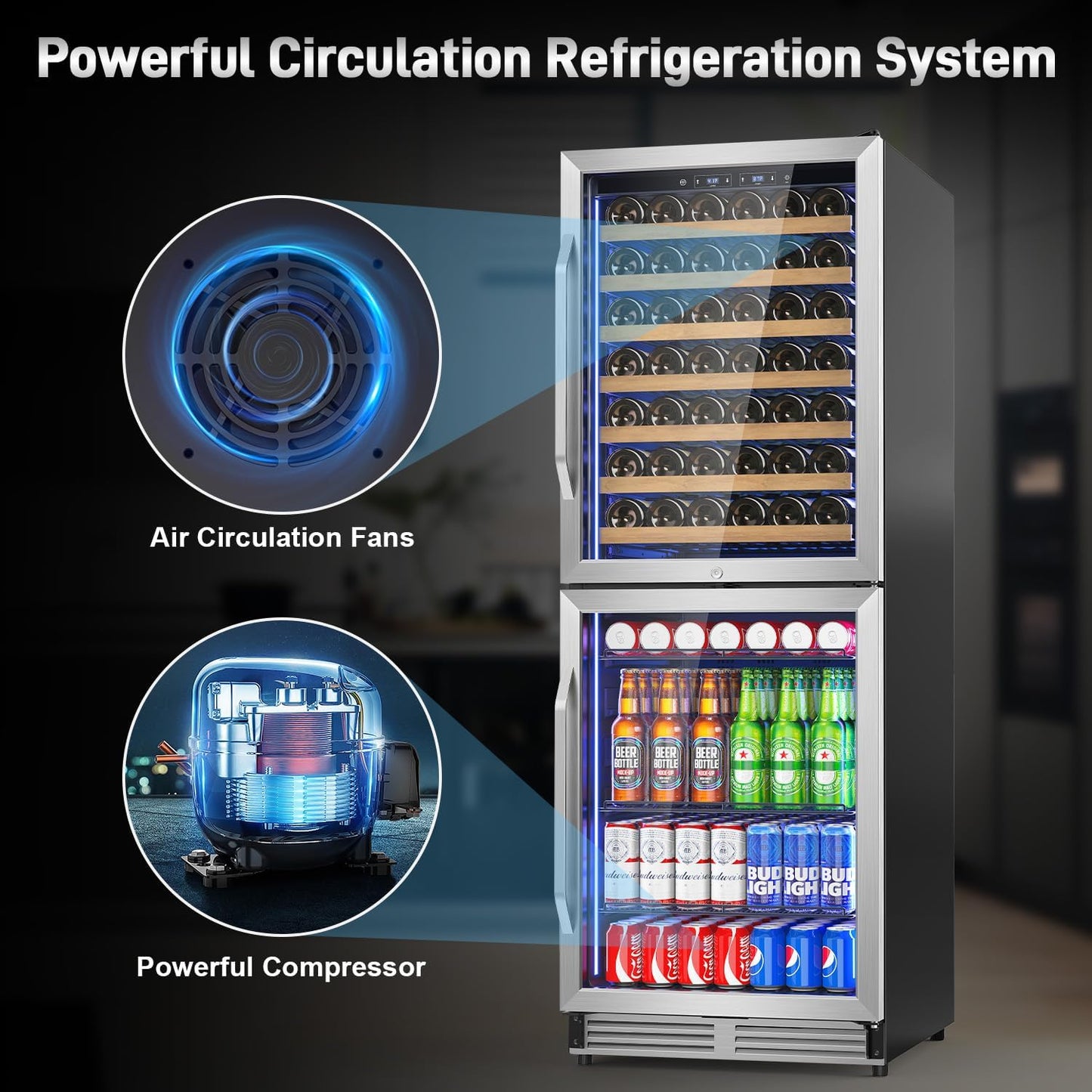 24 Inch Wide Wine and Beverage Refrigerator, 2 IN 1 Dual Zone Wine Cooler, Built-In/Freestanding Beverage Wine Fridge with Safety Lock, Low Noise and Fast Cooling Silver