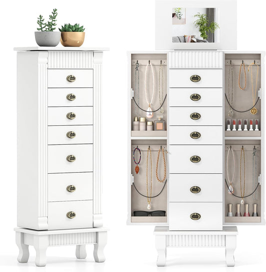 Giantex Standing Jewelry Cabinet with 7 Drawers, Flip-Top Mirror, 2 Side Doors with 12 Necklace Hooks, Divided Ring Compartments, Velvet-Lined Jewelry Armoire Organizer Chest (White)
