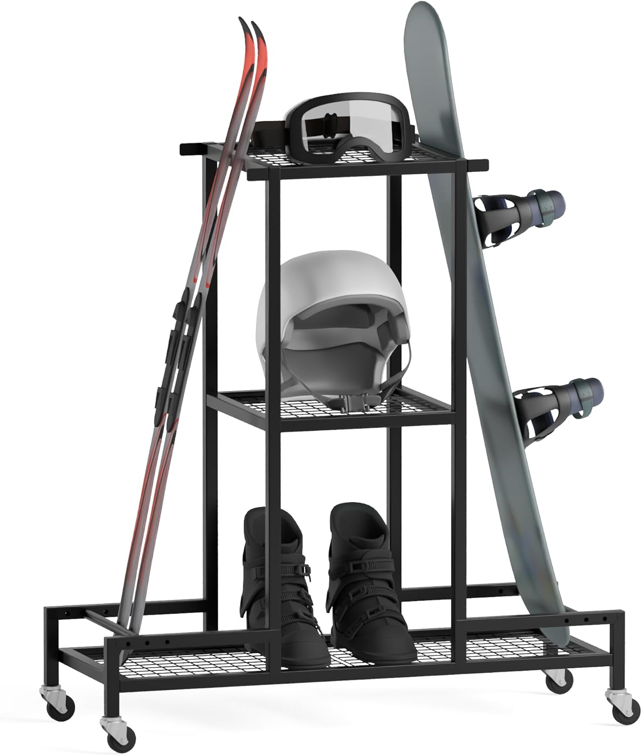 Standing Ski Storage Rack, Holds Snowboards & Skis, 3-Tier Organizer for Gear, Black - Ski Rack for Garage