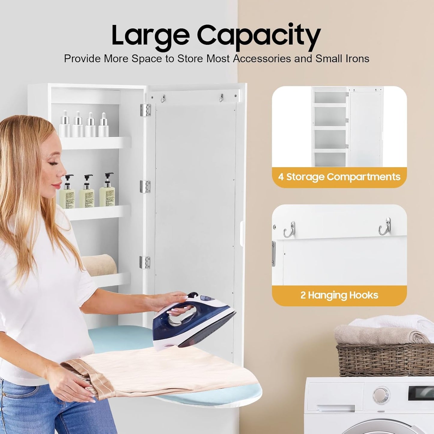 Wall Mounted Ironing Board Cabinet, Swiveling Ironing Board with Storage Cabinet for Bedrooms and Checkrooms 14 x 8.1 x 37.5 Inch White
