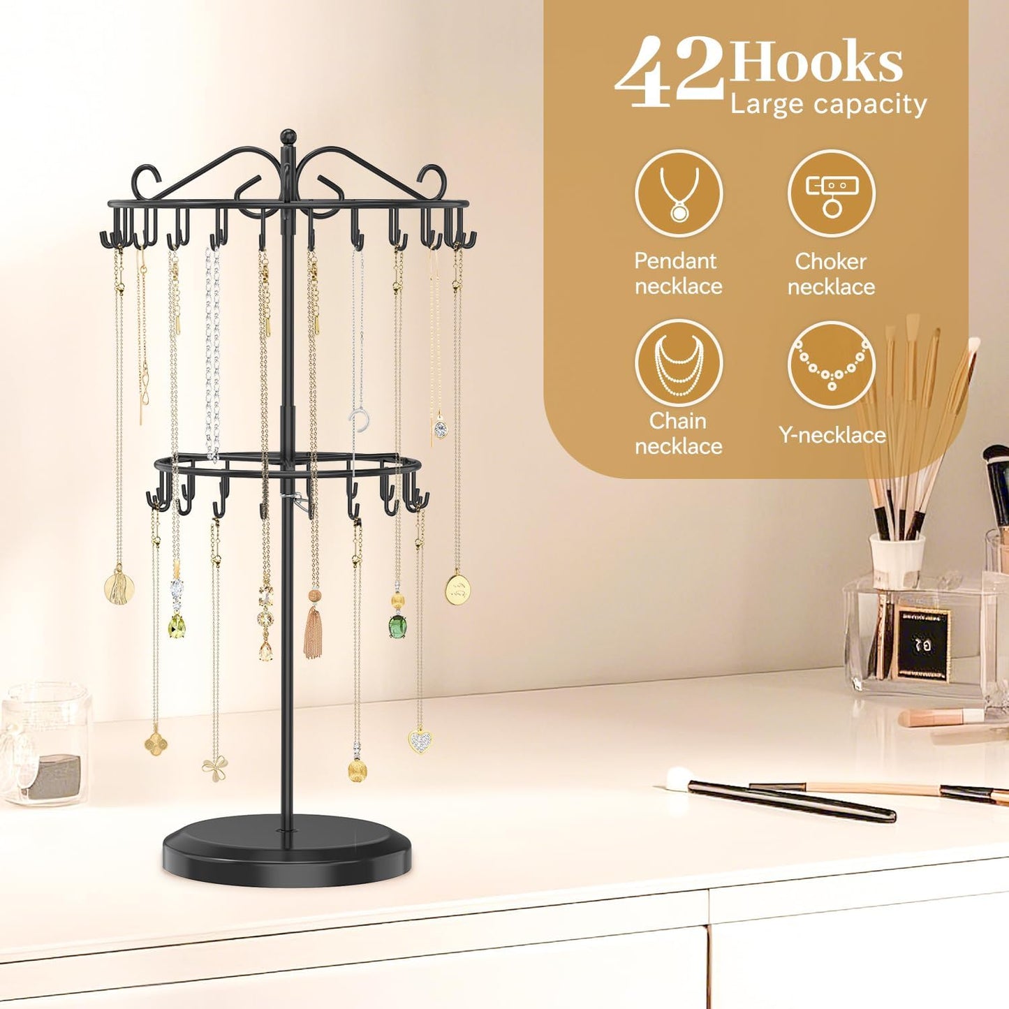 MODOWEY Rotating Necklace Holder Organizer Display Stand with 42 Hooks, 2 Tier Adjustable Metal Tree for Long Necklace Hanger Selling, Tall Spinning Bracelet Storage Rack for Men Women, Black