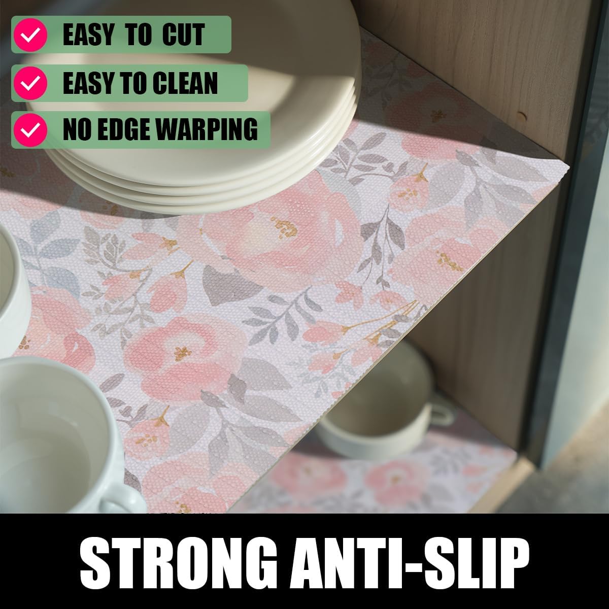 Floral Shelf and Drawer Liner for Kitchen,12IN x 20FT Non-Adhesive and Strong Non-Slip Peony Cabinet Drawer Liners for Kitchen Shelf, Waterproof Cupboard Liners,Easy to Clean