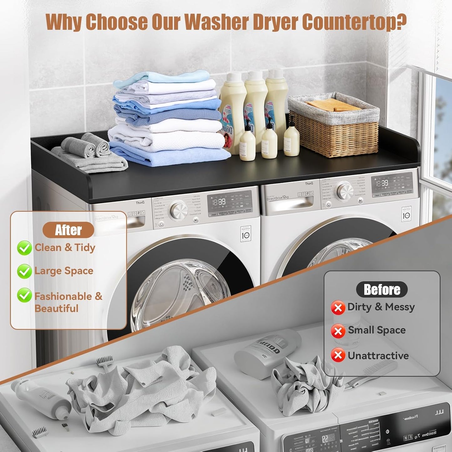 Washer Dryer Countertop, 27.5" D x 54" W Washer and Dryer Topper Covers with Edge Rails, Wood Laundry Room Countertop Shelves for Laundry Room Organization and Storage (Black)
