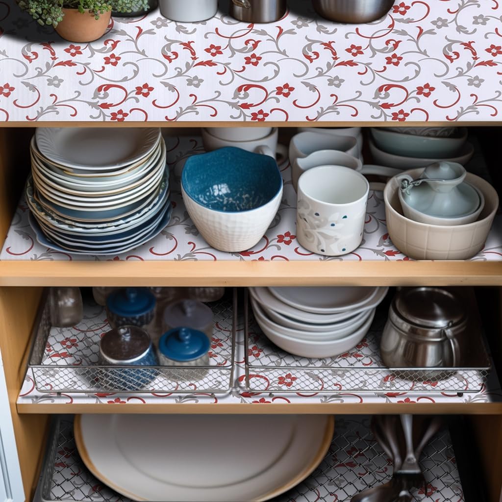 2 Rolls 18" W x 96" L Floral Drawer and Shelf Liner for Cabinets, Non-Adhesive Strong Grip Non-Slip Flower Shelf Cabinet Kitchen Shelf Liners for Kitchen Cabinets