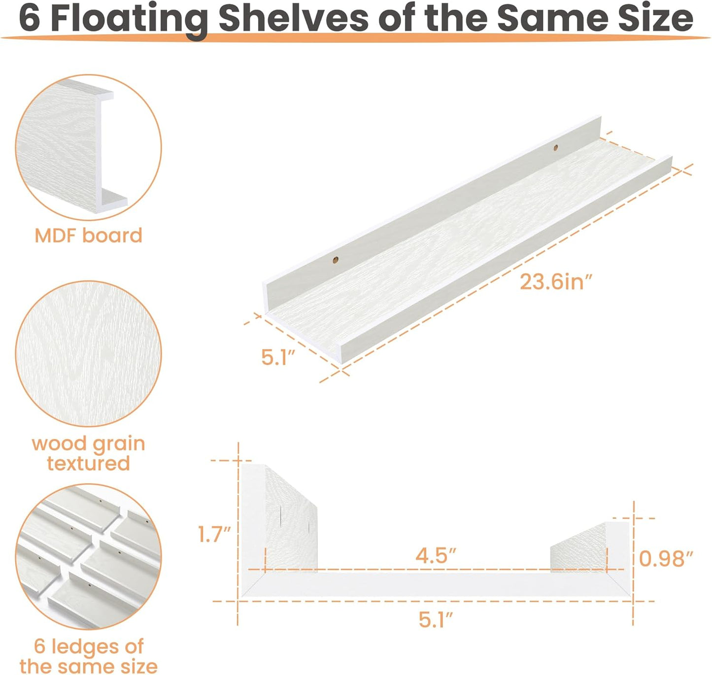 upsimples Floating Shelves for Wall, 23.6 Inch Shelves for Decor Storage Set of 6, Wall Mounted Wood Shelf for Bedroom, Living Room, Bathroom, Kitchen, Long Picture Ledge Shelves, White