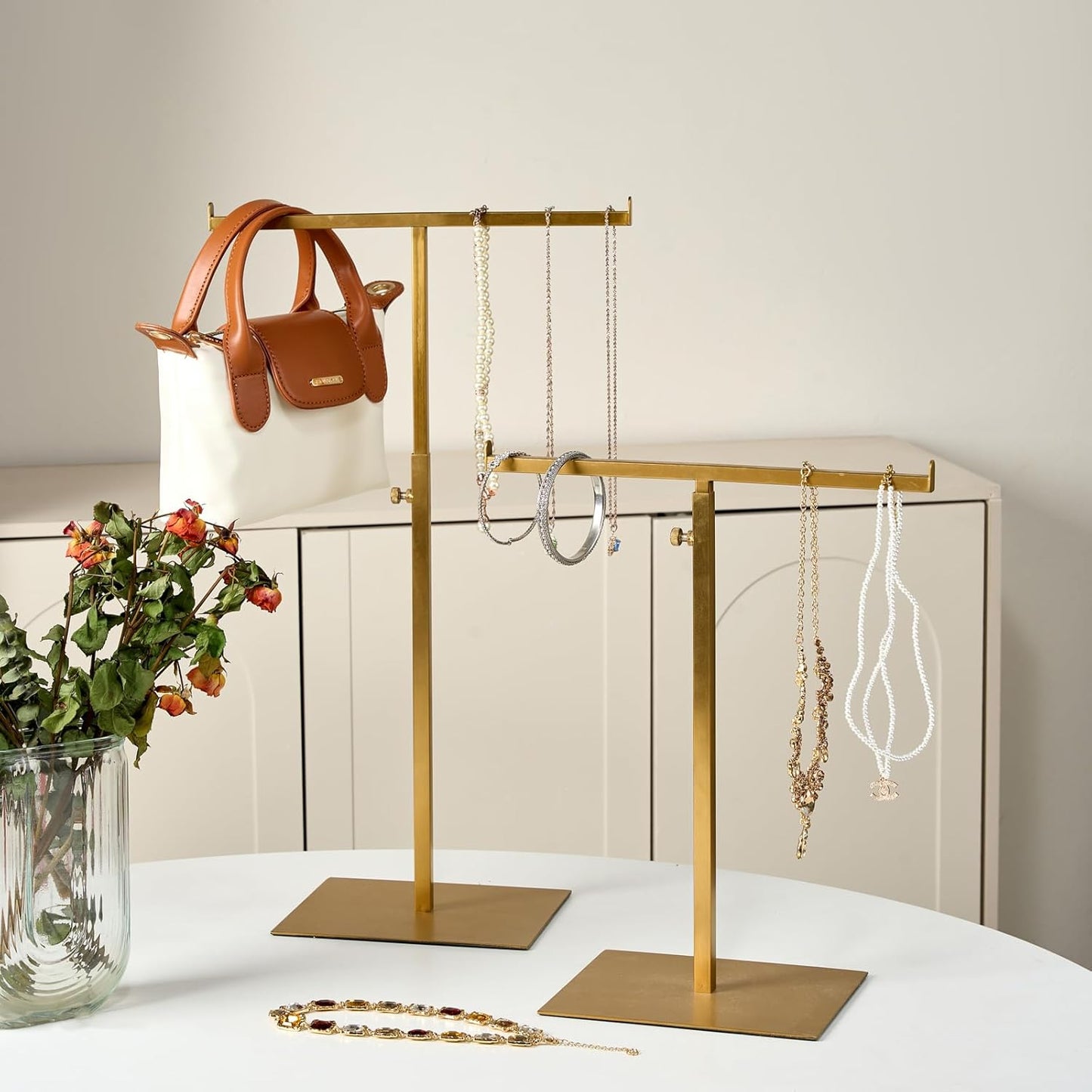 Purse Display Stand Jewelry Towers 2 Packs Stainless Steel Bag Stand Tabletop Adjustable Height Double Hook Hanging Jewelry Stands for Necklaces Organizer Home Store Boutique (Anti-fingerprint)