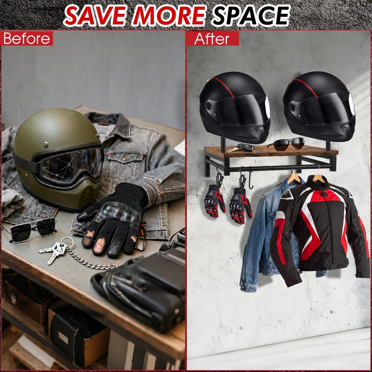 Motorcycle Helmet Holder Wall Mount, Gear Storage Rack with 4 Glove Clips, Wood and Metal Helmet Stand