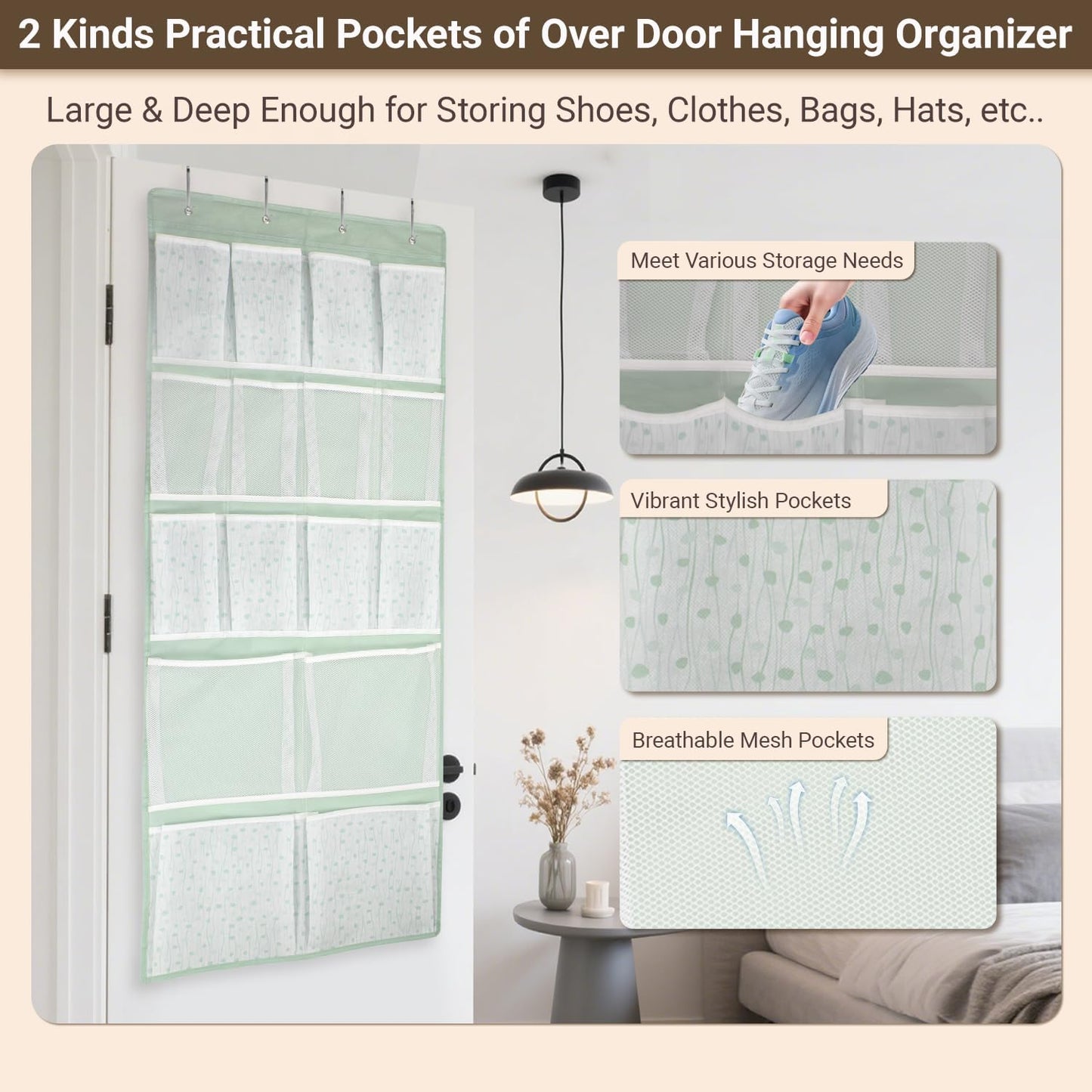 16 Pockets Over Door Hanging Organizer,Back of Door Shoes Organizer with 4 Kind of Pouches,Behind Closet Hanging Shelf Holder for Sock,Hat,Underwear,Travel Outfit,Storage Organization for Home,Dorm,RV