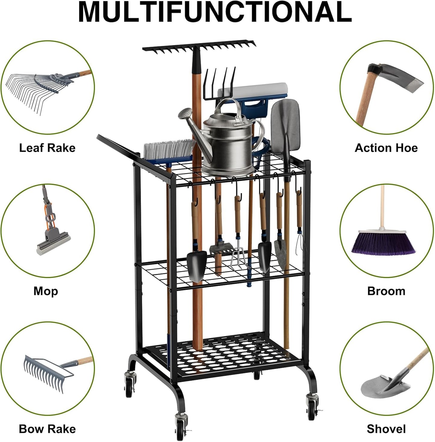 Garden Tool Organizer with Wheels, Yard Tool Tower Rack for Garage Organization and Storage, Up to 35 Long-Handled Tools,Metal Tool Holder with 6 Hooks, Black