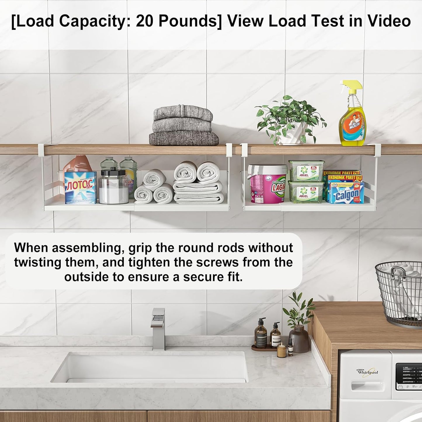 Expandable Under Cabinet Shelf Organizer with 0.94-Inch Thick Clips, Heavy Duty Extendable Under Shelf Storage Basket for Pantry or Laundry Room, White, 2 Pack, Interior: 5.7" H x 8.54" D