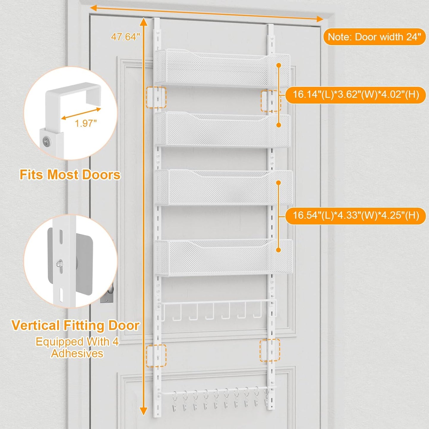 Over the Door Organizer, 2 in 1 Metal Hanging Closet Organizer & Hat Rack with 4 Adjustable Baskets, 8 Hooks, 10 Clips, Behind The Door Storage for Bedroom, Bathroom, Entrance, Closet, Kitchen, White
