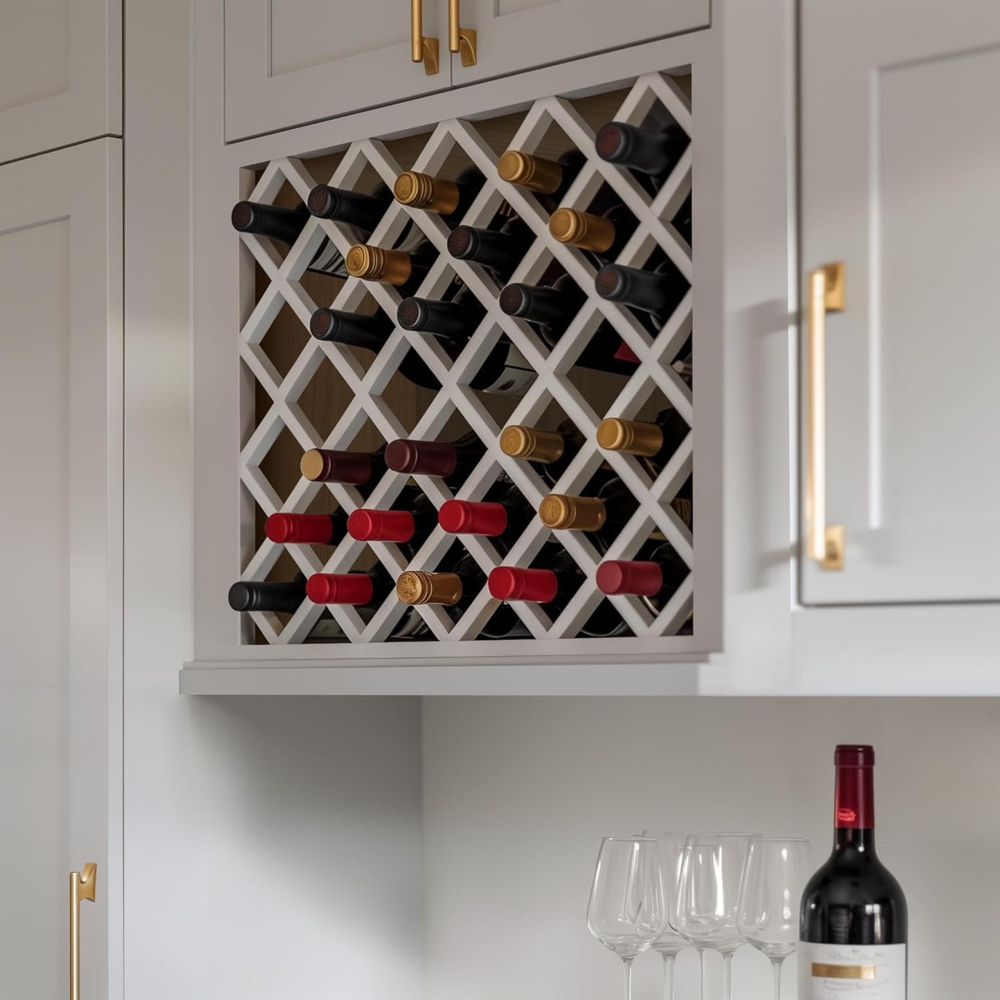 Solid Wood RTA Wine Bottle Rack Wall Cabinet with Lattice Panels - Bottle Holder Storage for Bar, Pantry, or Wine Cellar - Mocha Finish Countertop Solution (White, 24'W 12'D 30'H)