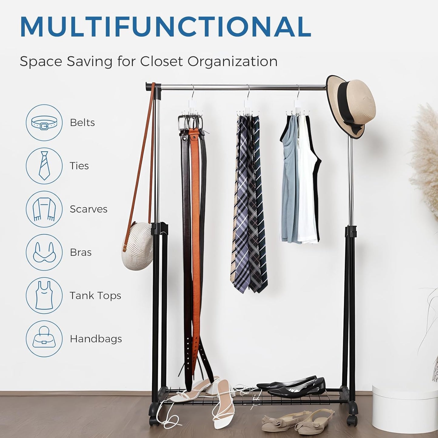 Tie Rack Hanger, Belt Hanger Organizer for Closet 360° Rotatable Max 24 Ties/24 Belts Storage Space Saving Closet Organizers and Storage for Belt, Bra, Tank Top, Tie, Scarf, Purse 2Pcs White