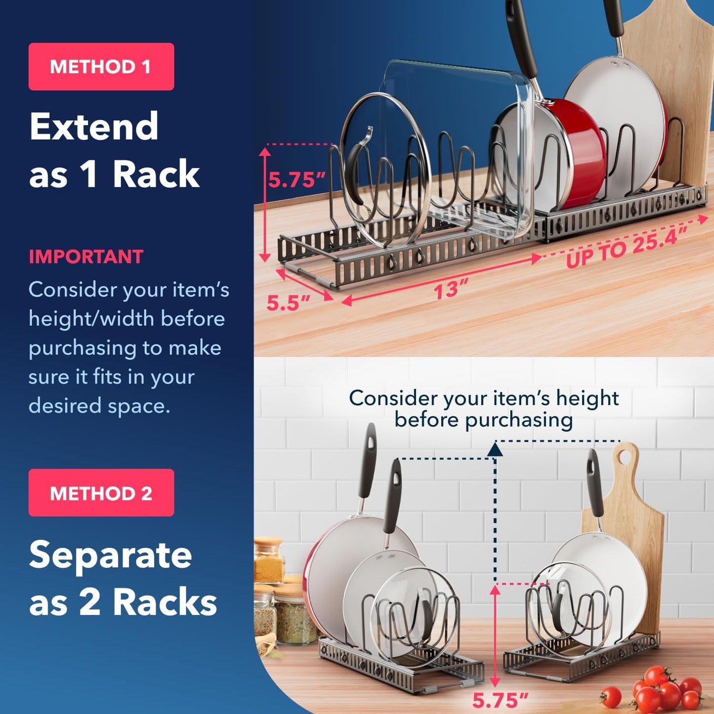 Better Things Home 12+ Expandable Pan and Pot Lid Organizer Rack for Cabinet, Pot Lid Holder Pot Organizers Inside Cabinet, Pots and Pans Organizer Under Cabinet (Dark Grey, LID ORGANIZER)