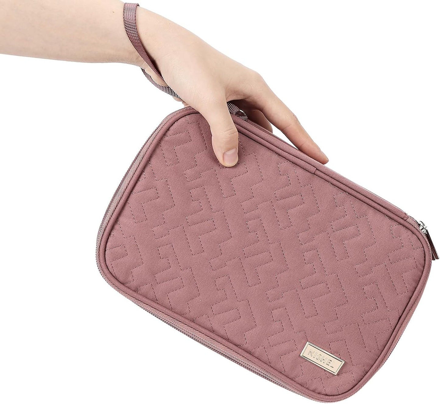 NISHEL Travel Cord Organizer Case, Double Layers Tech Electronic Bag, Essentials for Charger, Cable, Phone, Flash drive, Large, Rose-wood Pink