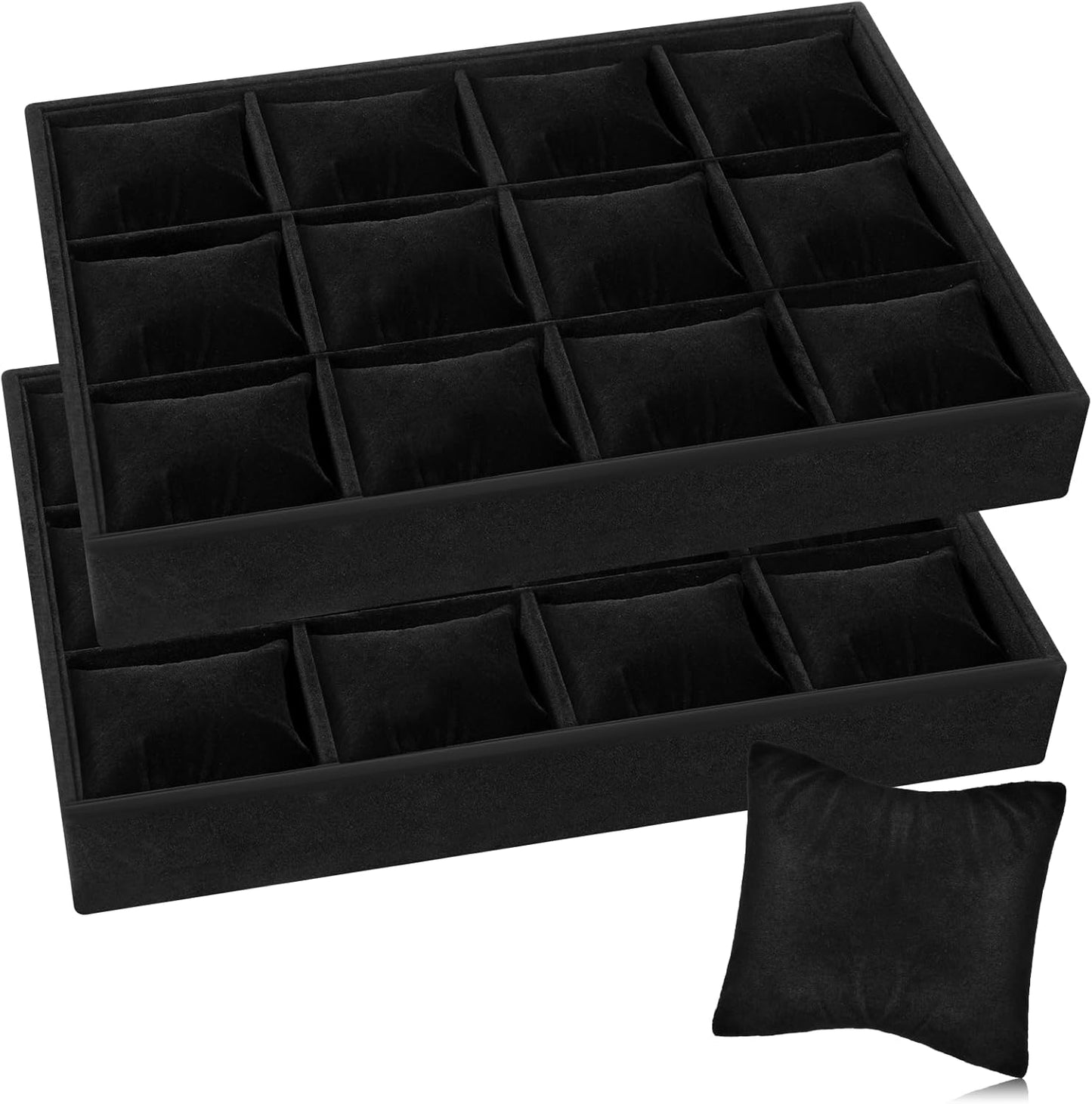 2 PCS Watch Holder Organizer for Men,12 Grid Watches Storage Box with Adjustable Bracelet Pillow, Boxwood Stackable Jewelry Trays, Watch Display for Selling, Women and Men -Black
