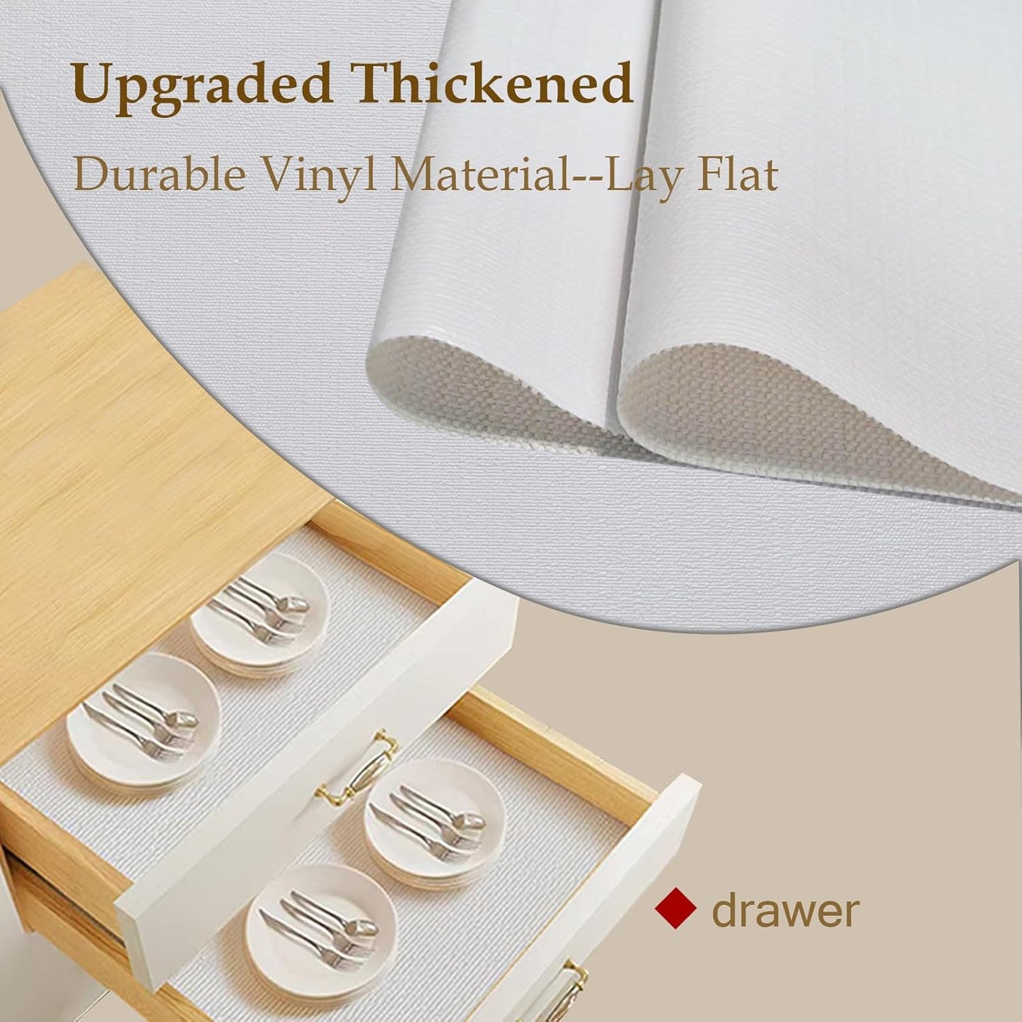 Moriah Shelf Liner for Kitchen Cabinet Non-Adhesive, Thickened Drawer Liner No Slip for Dresser Waterproof Cabinet Paper Liner for Bathroom Shelves Protects Surfaces(White,17.5'' x 10')