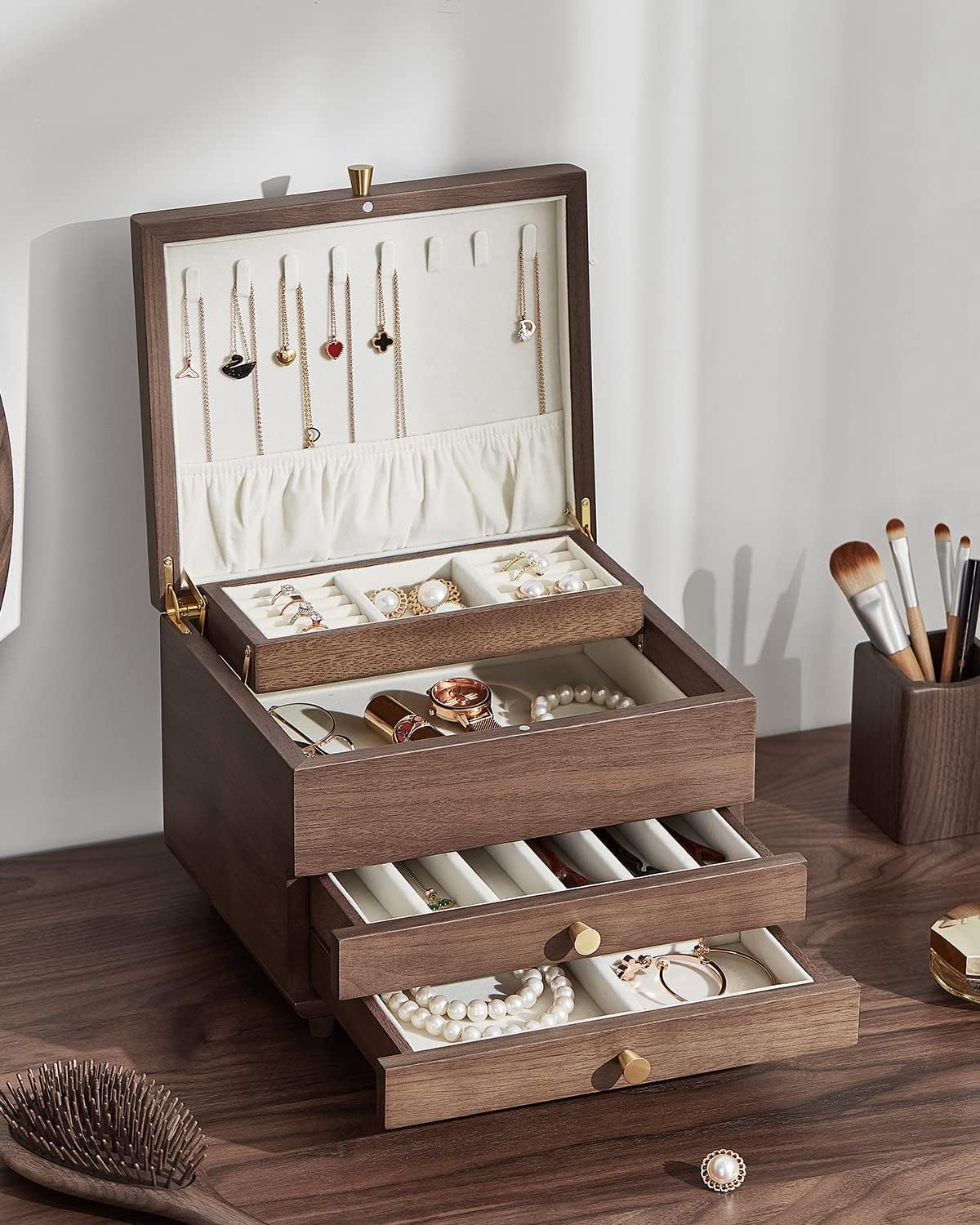 CHOSIN Wooden Jewelry Box, 3 Layer Large Jewelry Organizer for Women, Black Walnut Wood, Jewelry Storage for Necklaces Rings Earring Watches Bracelets Christmas Gifts(No Mirror)