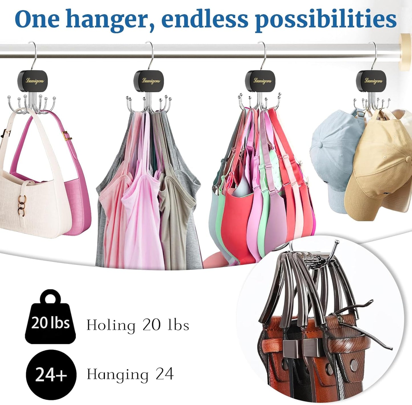 Belt Hanger, Belt Organizer for Closet,Rotatable Tie Rack,Belt Holder,Hanging Closet Storage Hook for Belt, Bra, Tank Top, Tie, Scarf, Purse,1PCS,Black