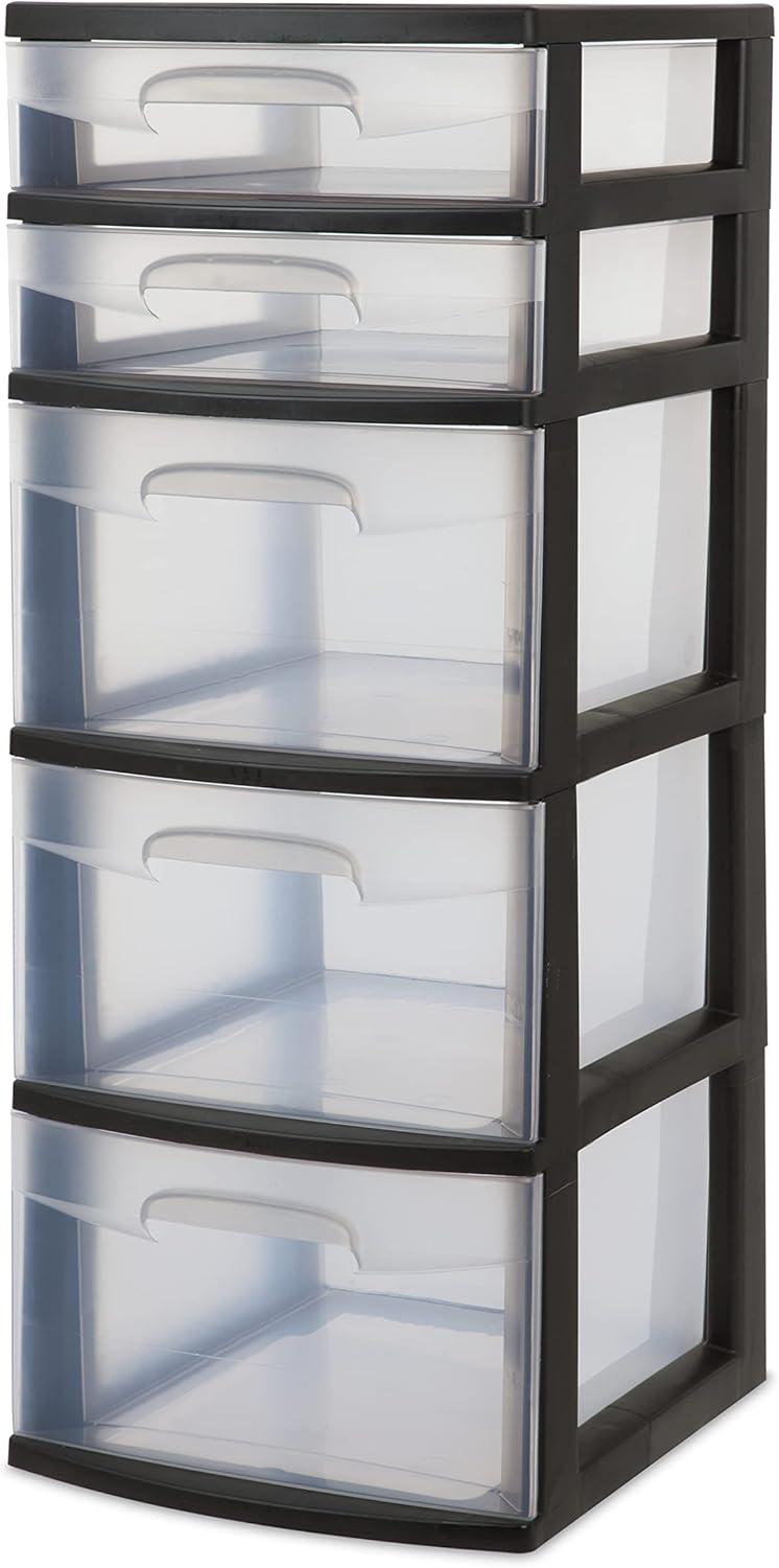 5-Tier Storage Drawer,with Both Shallow and Deep Clear Plastic Storage Organizer Drawer Tower，Suitable for Bedroom,Bathroom and Office Organization Black