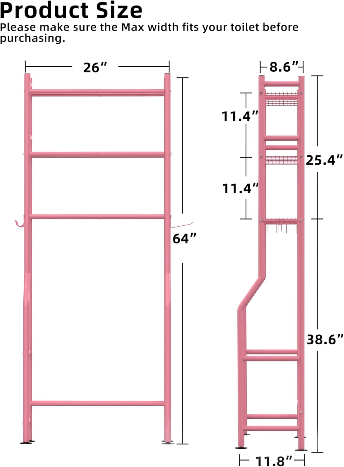 3-Tier Over The Toilet Storage, Freestanding Metal Bathroom Shelves with 4 Hooks, Over Toilet Storage Shelf with Paper Holder, Above The Toilet Shelf for Bathroom Storage, Pink