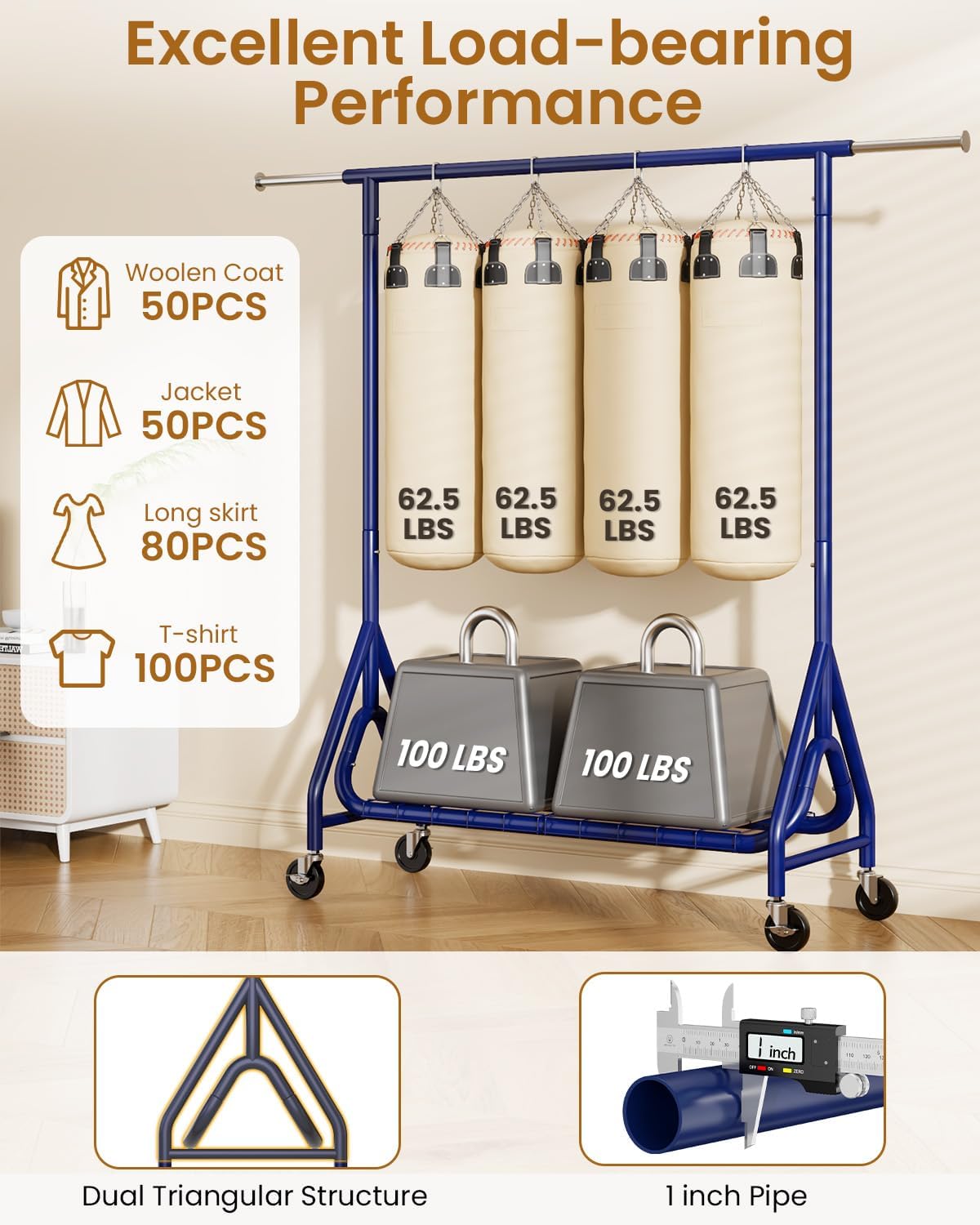 Heavy Duty Clothing Rack, Metal Clothes Rack Load 450 LBS, Rolling Coat Racks for Hanging Clothes with Lockable Wheels, Wardrobe Closet Garment Racks for Bedroom, Navy Blue