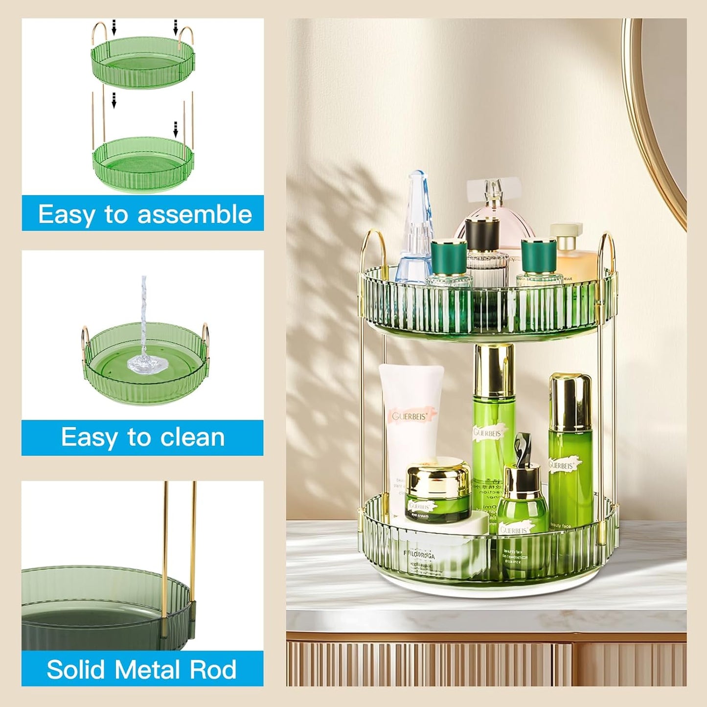 360 Rotating Makeup Organizer, 2 Tier Lazy Susan Bathroom Counter Organizer, Skincare Organizers, Spinning Perfume Organizer & Vanity Organizer Countertop (Gem Green, 2 Tier)