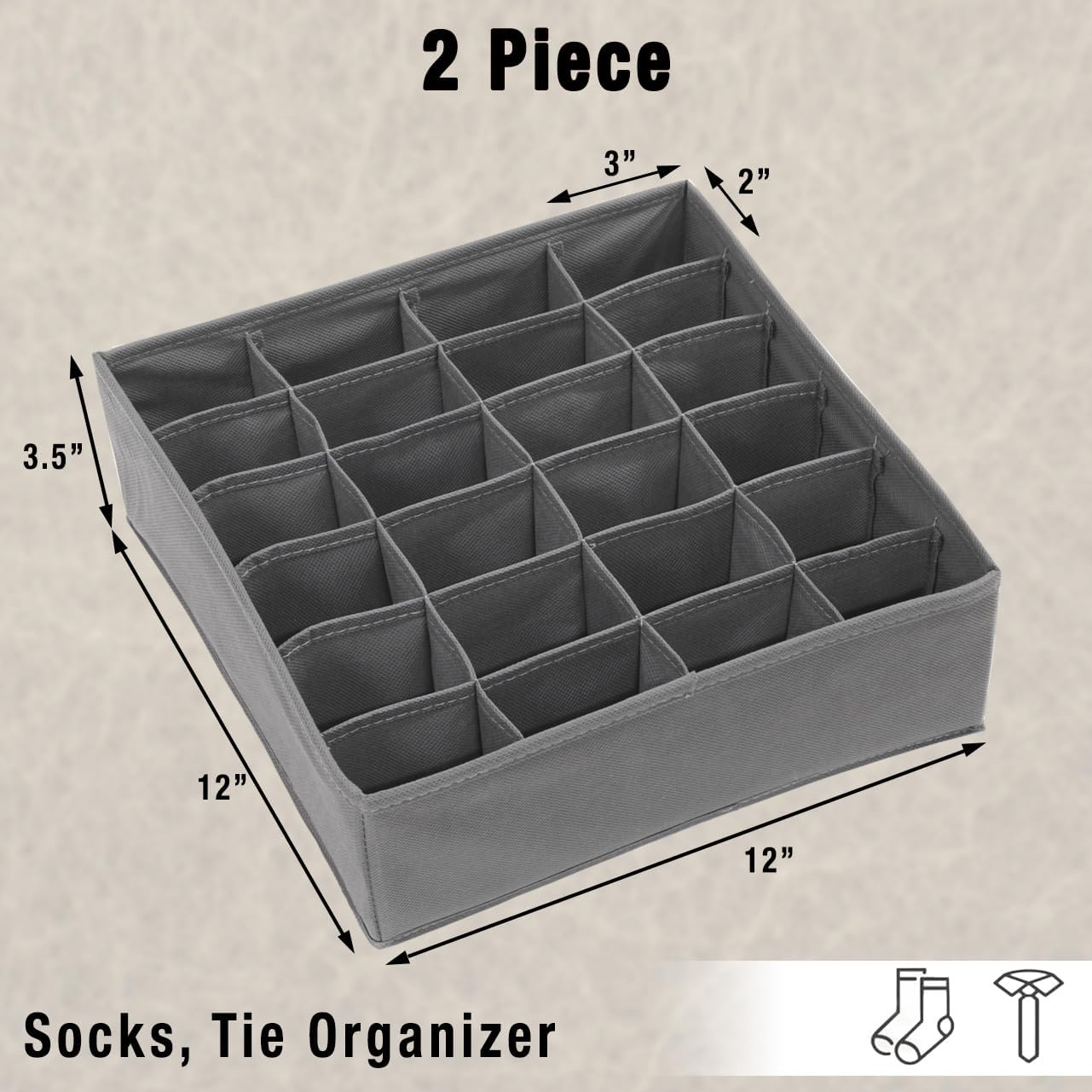 Simple Houseware 2 Pack Closet Sock Organizer, 24 Cell Drawer Divider, Dark Gray