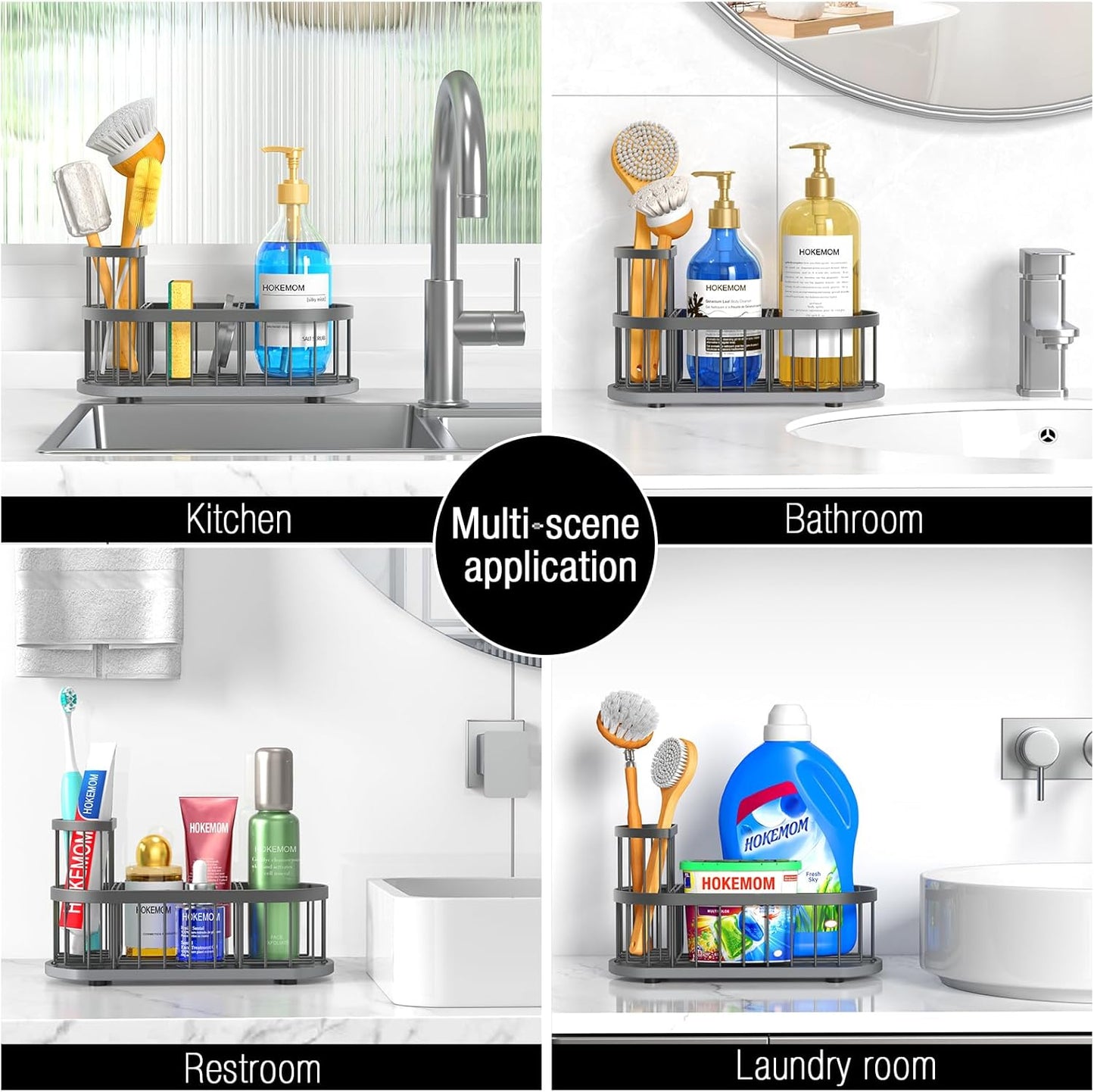 Kitchen Sink Organizer with Sponge Holder & Brush Holder - Drain-Free Non-Slip Base, 2.6mm Stainless Steel with Grey Rust-Resistant Coating - Easy Install & Clean Kitchen Sink Caddy