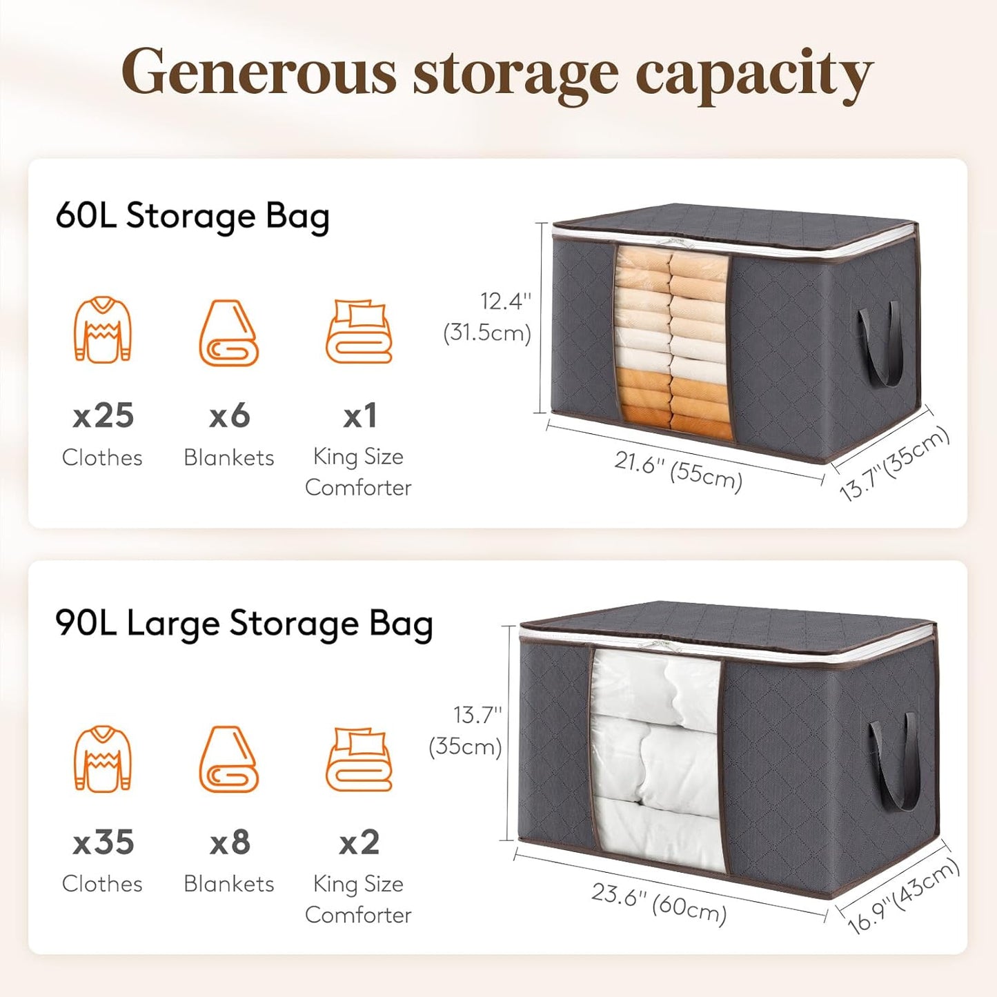 Lifewit 2 Pack Clothes Storage, Foldable Organization Bins with Lids and Clear Window for Blanket, in Closet with Reinforced Handles for Clothing, Bedding, Gray