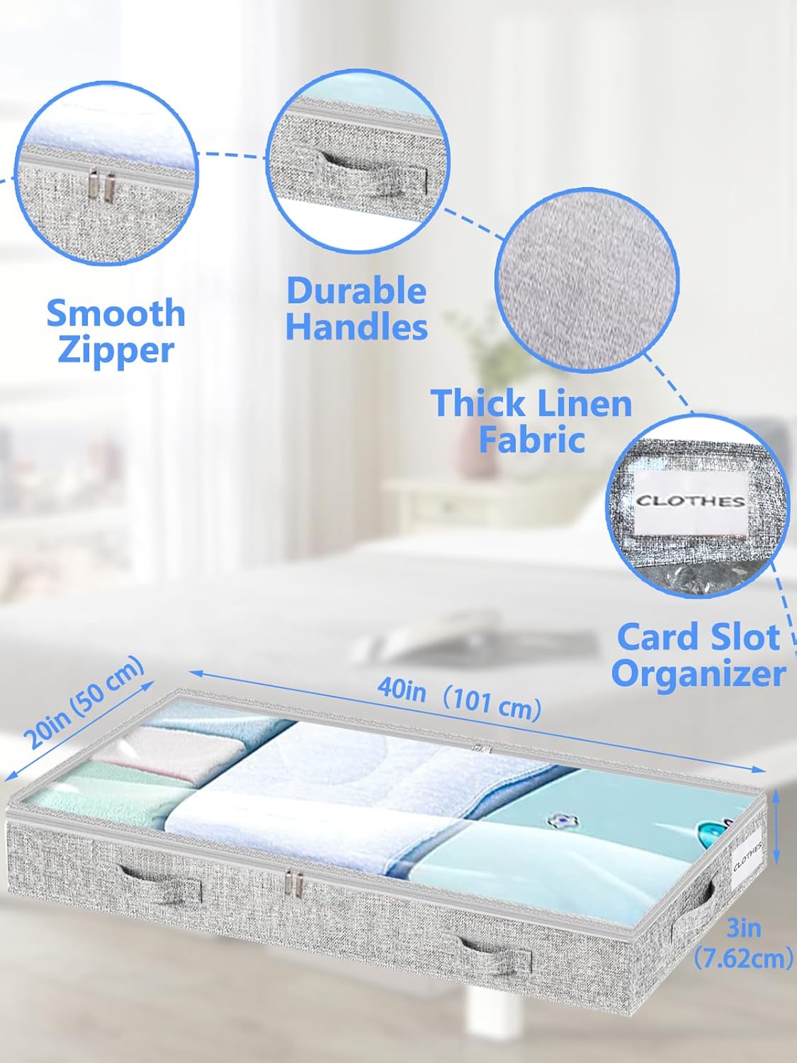 Low Profile Under Bed Storage, 3-Inch High Foldable Underbed Storage Bins with Lid & Zipper, No Structure, Super Slim Clothes Organizer for Crib Dorm Couch Low Bed, 2-Pack, Clear Top