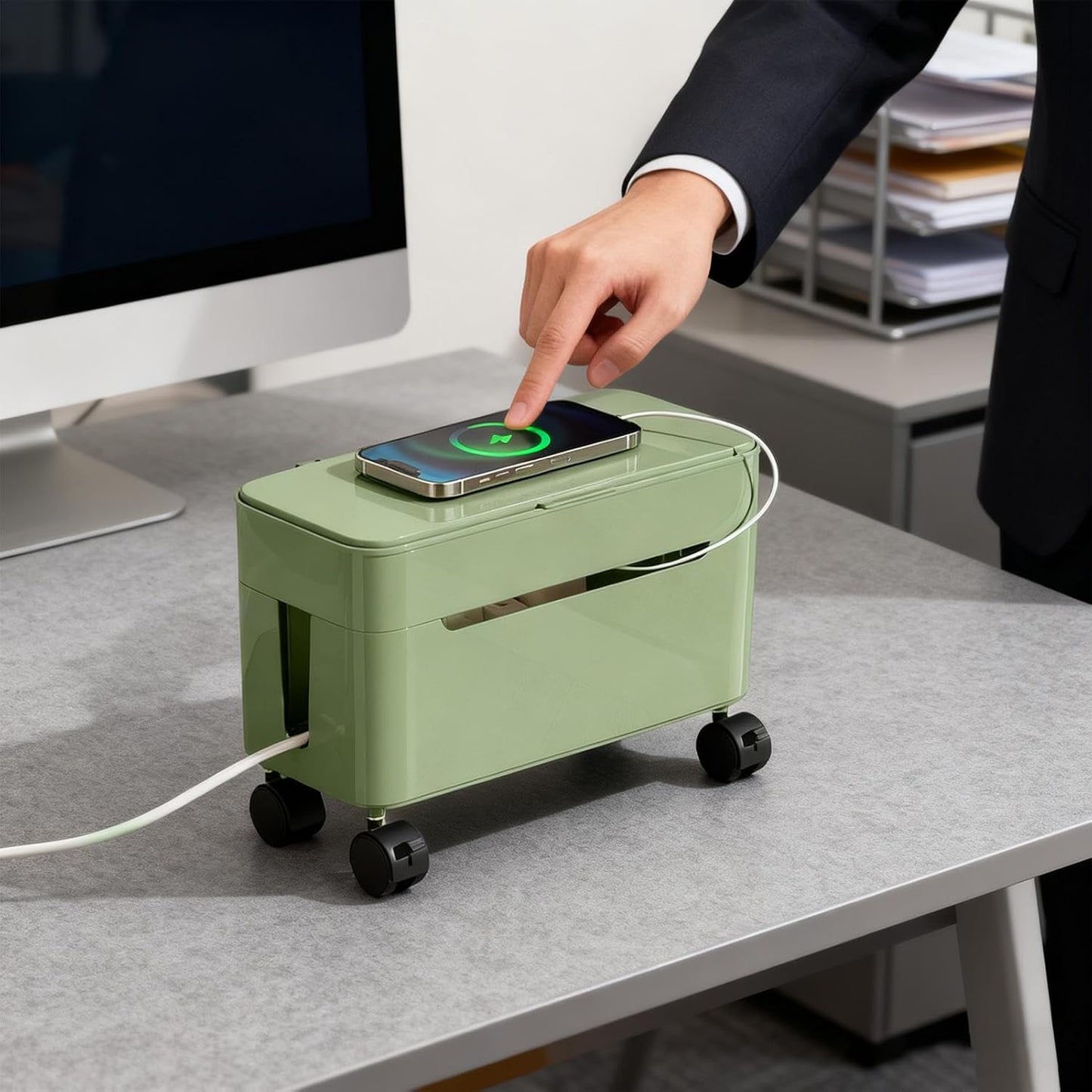 Cord Management Box, Wire Storage with Wheels and Tabletop Charger Organizer, Cable Storage Solution for Home, Office, Dormitory, Gaming Setup, TV Stand, Computer Desk, Tech Enthusiasts, Renters