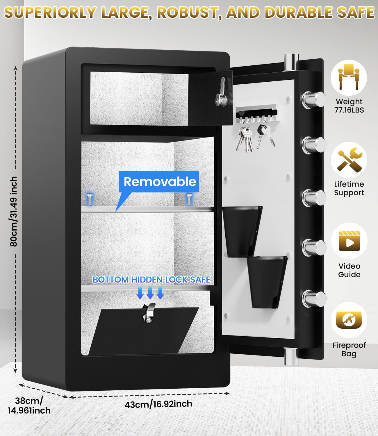7.8 Cuft Heavy Duty Biometric Safe Box with Fireproof Waterproof Bag, Large Document Storage with Bottom Hidden Compartment, Anti-Theft Dual Alerts, Mute Mode, Digital Security for Business