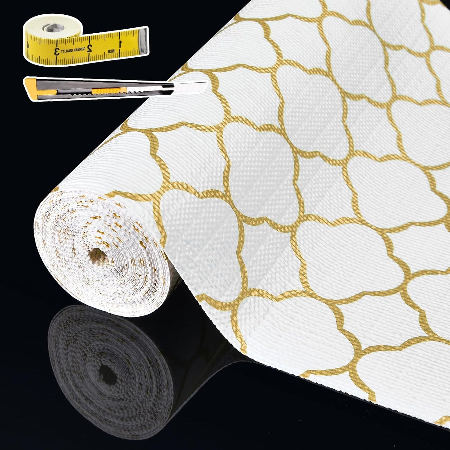 Shelf Liners for Kitchen Cabinets 17in x 30FT Non Adhesive Drawer Liner Gold Quatrefoil Thickened Shelf Liner Paper Strong Non-Slip Easy to Clean for Tool Box Refrigerator with Knife and Tape Measure