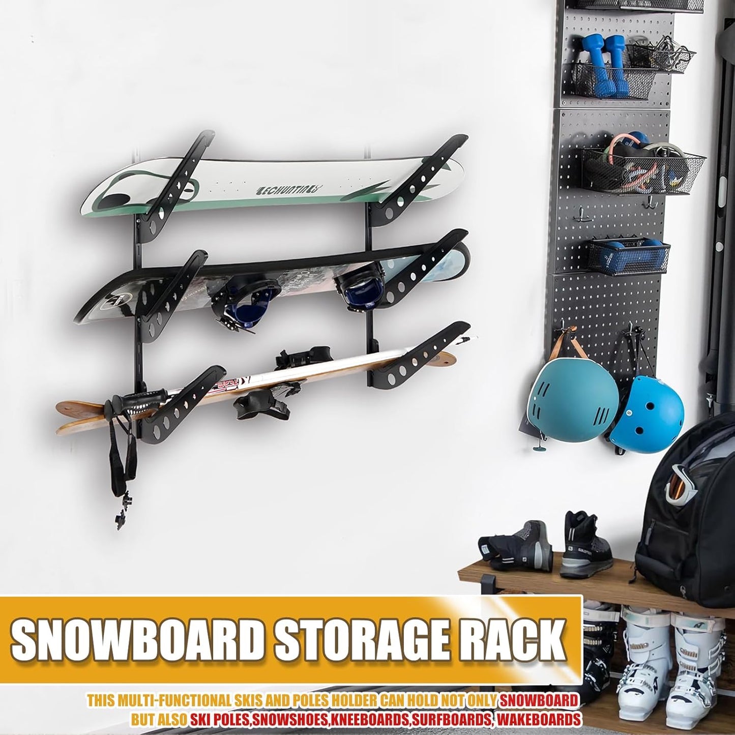 Snowboard Wall Racks, Adjustable Storage Rack for Ski, Surfboard, Wakeboard, Snowboard Wall Mount Display, White/Black
