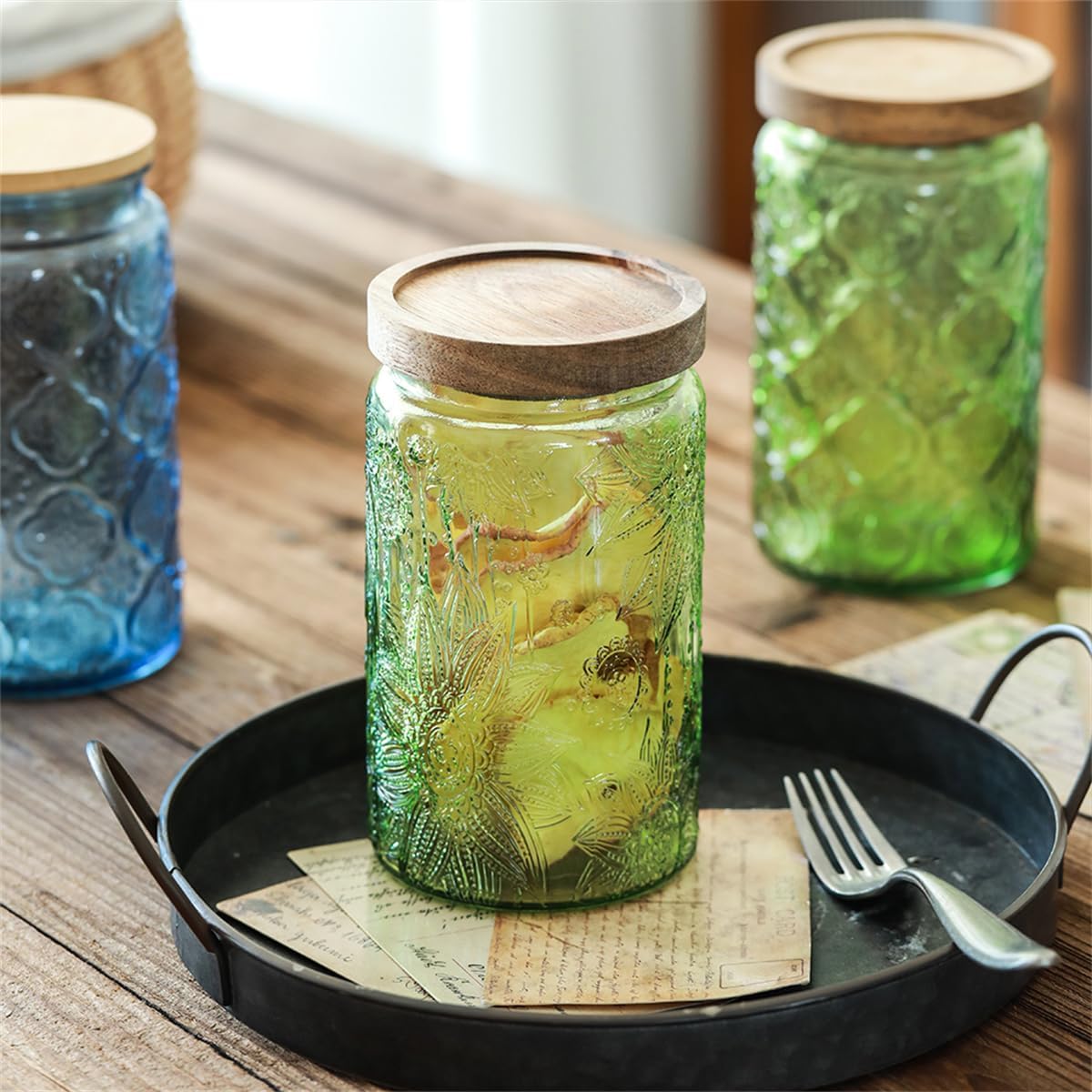 Set of 2 Vintage Glass Storage Containers, Green Glass Jars with Solid Wood Lids, 34 FL OZ Decorative Jars for Kitchen Storage Cabinets for Coffee, Jam, Nuts, Pasta, Cookie (Green Sunflower)
