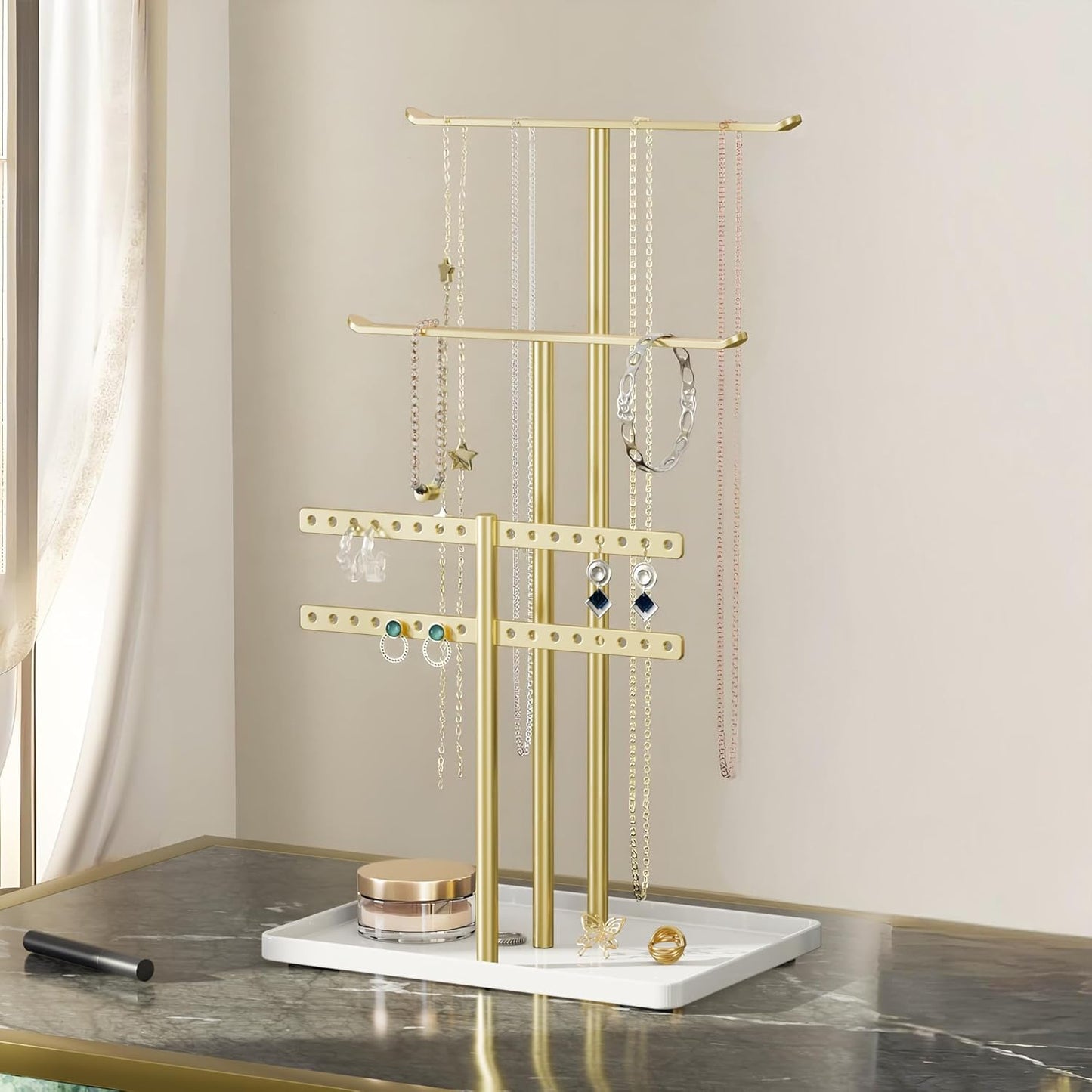 Jewelry Stand Organizer for Necklace Earring - 14.5" Sturdy Metal, 3-TierJewelry Holder for Bracelet, Ring Display and Storage, Gold