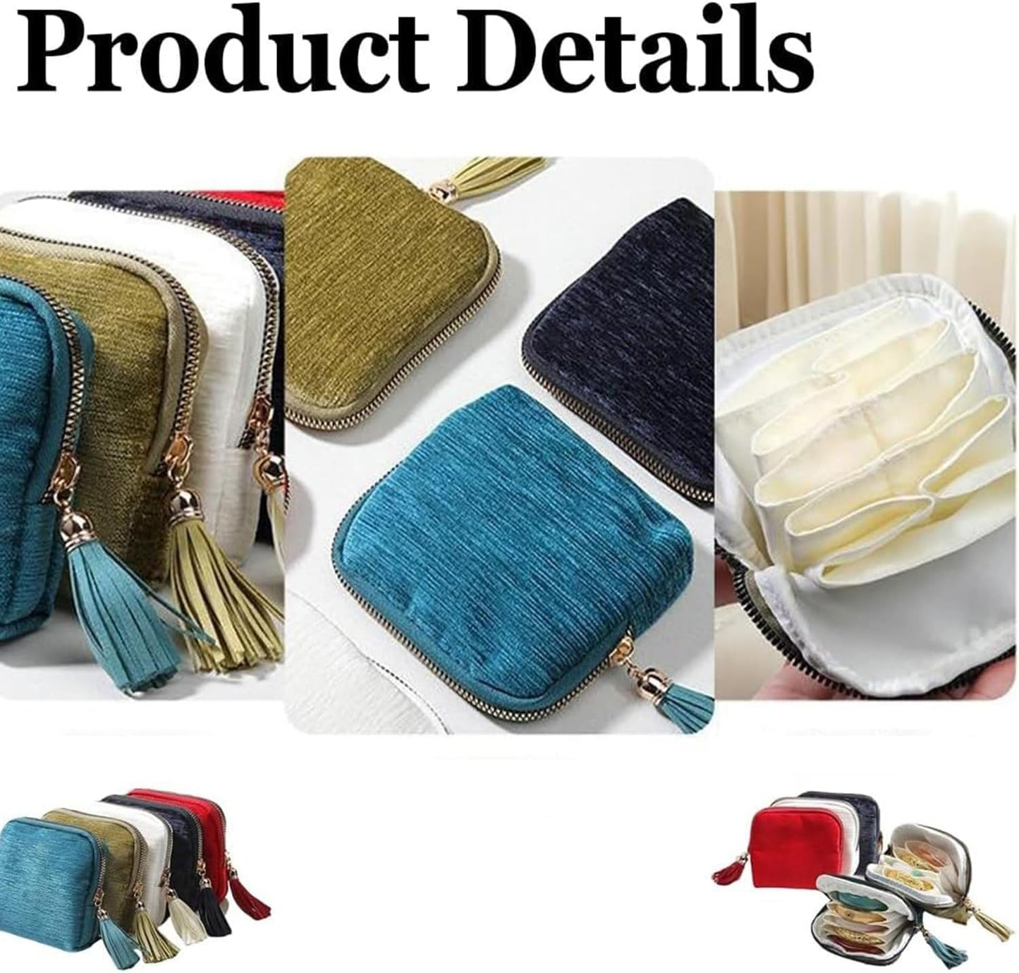 Travel Jewelry Case, Portable Jewelry Storage Bag, Compact Foldable Five Compartments Organizer Pouch with Zipper & Tassel for Earring Necklace Ring Bracelet (Beige)