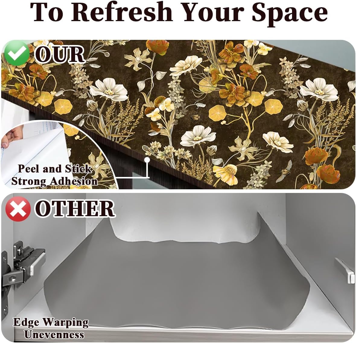Floralplus Shelf and Drawer Liner, Self Adhesive Waterproof Floral Liner, Contact Paper for Kitchen Cabinet, Bathroom Countertop Cupboard Liners 17.7 x 78.7 in