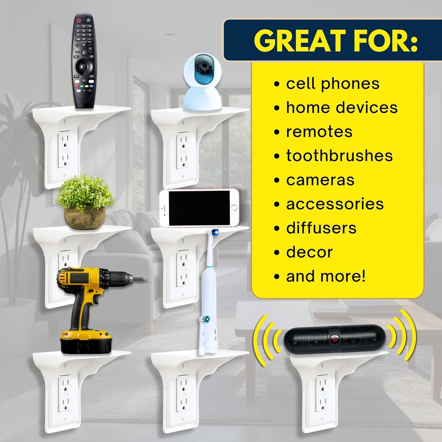 BeraTek Power Perch Wall Outlet Shelf with Cord Storage Strap - Small Wall Shelf Declutters & Reclaims Bathroom Counter Space - Alexa Echo Dot Stand, Apple Homepod Mini Wall Mount - White, 1-Pack