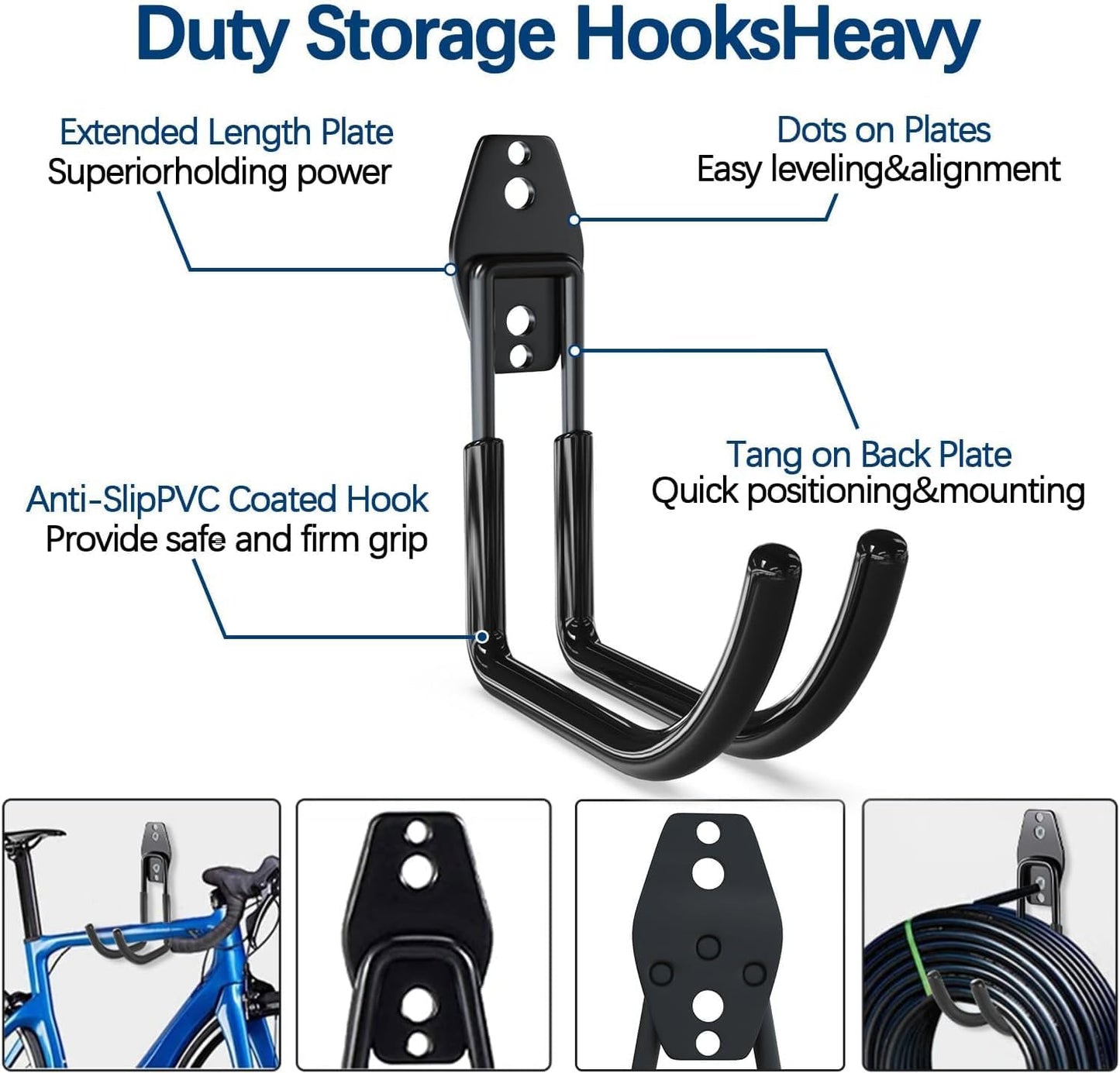 3-H Garage Wall Hooks 60 Pack, Heavy Duty Garage Hooks with Extra Welding Spots, Wall Mount Storage Organizer for Hanging Garden Lawn Tools, Ladder, Bike, WeedEater, Chair, Shovel, Blower (Black)