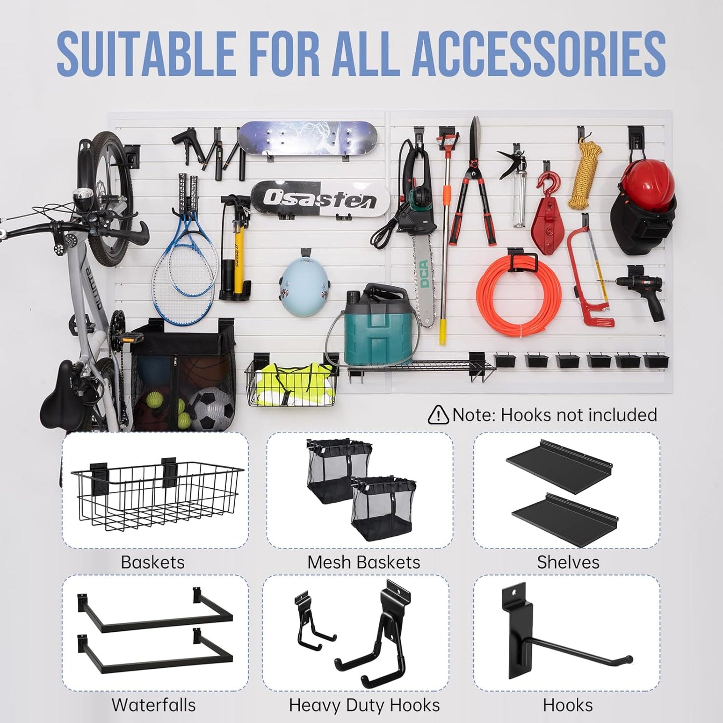 Slatwall Panels 4'x 4' Garage Slat Wall Storage Systems, Slat Wall Paneling Garage Wall Organizer, White Slat Board PVC Wall Panels Slatwall Displays Garage Tool Organizer Wall Mount Ladder Bike Rack