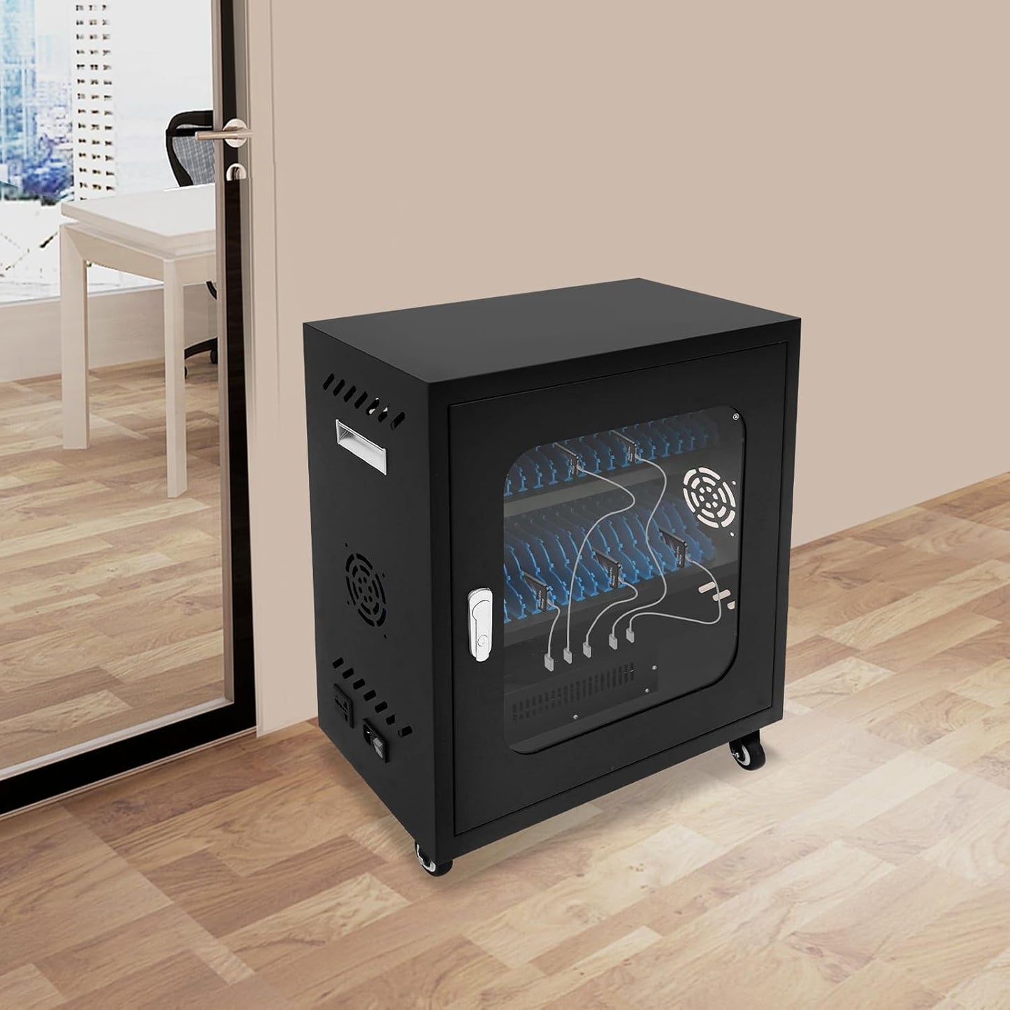 40-Slot Cell Phone Charging Station Cabinet with USB, 400W High-Power Portable Mobile Charging Locker with Wheels & Lockable Tempered Glass Door (Black)
