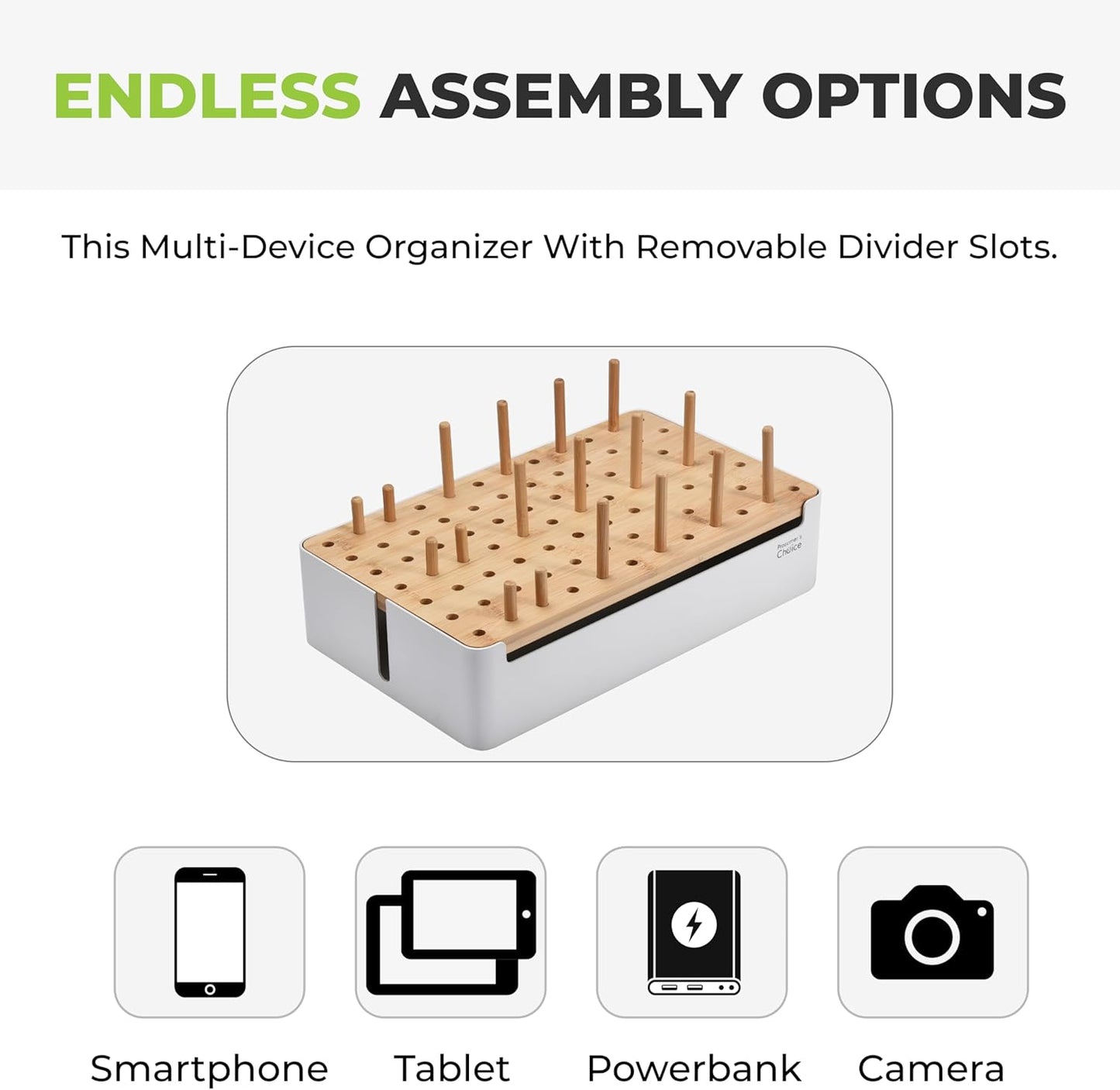 Prosumers Choice Bamboo Charging Station for Multiple Devices - Wooden Charger Organizer with Removable Dividers for Phones, Tablets, and Laptops - 11 Inch Cable Organizer Box - Space-Saving Desk Dock
